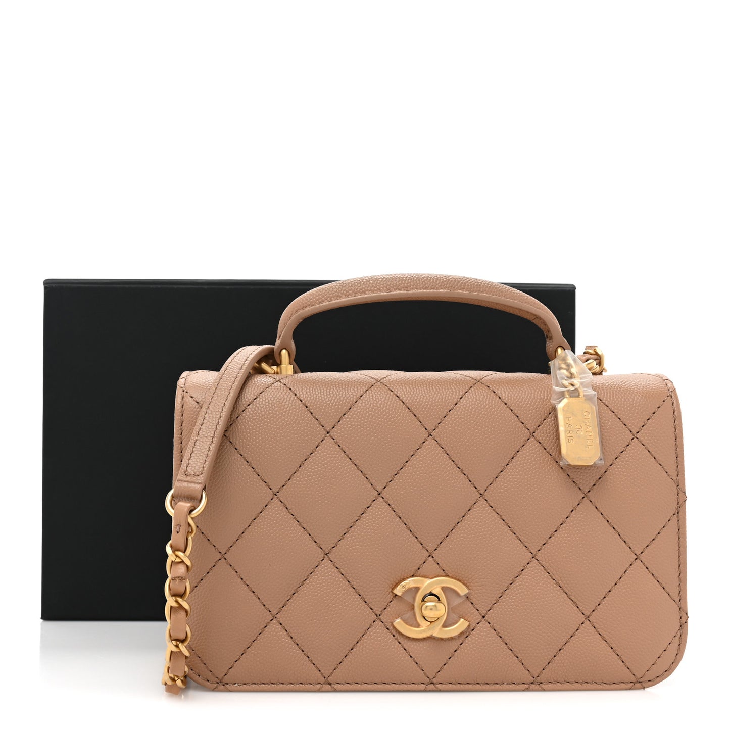 Caviar Quilted Mini Top Handle Flap Camel