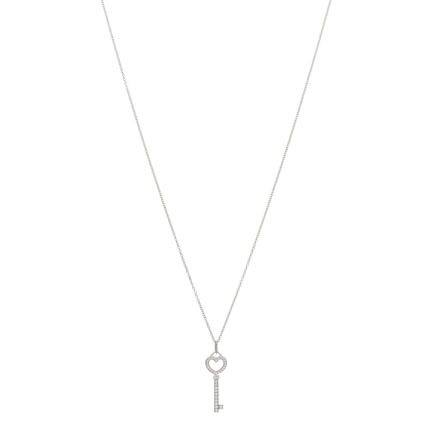 Tiffany Platinum 18K White Gold Diamond Mini Heart Key Pendant Necklace 1 of 3