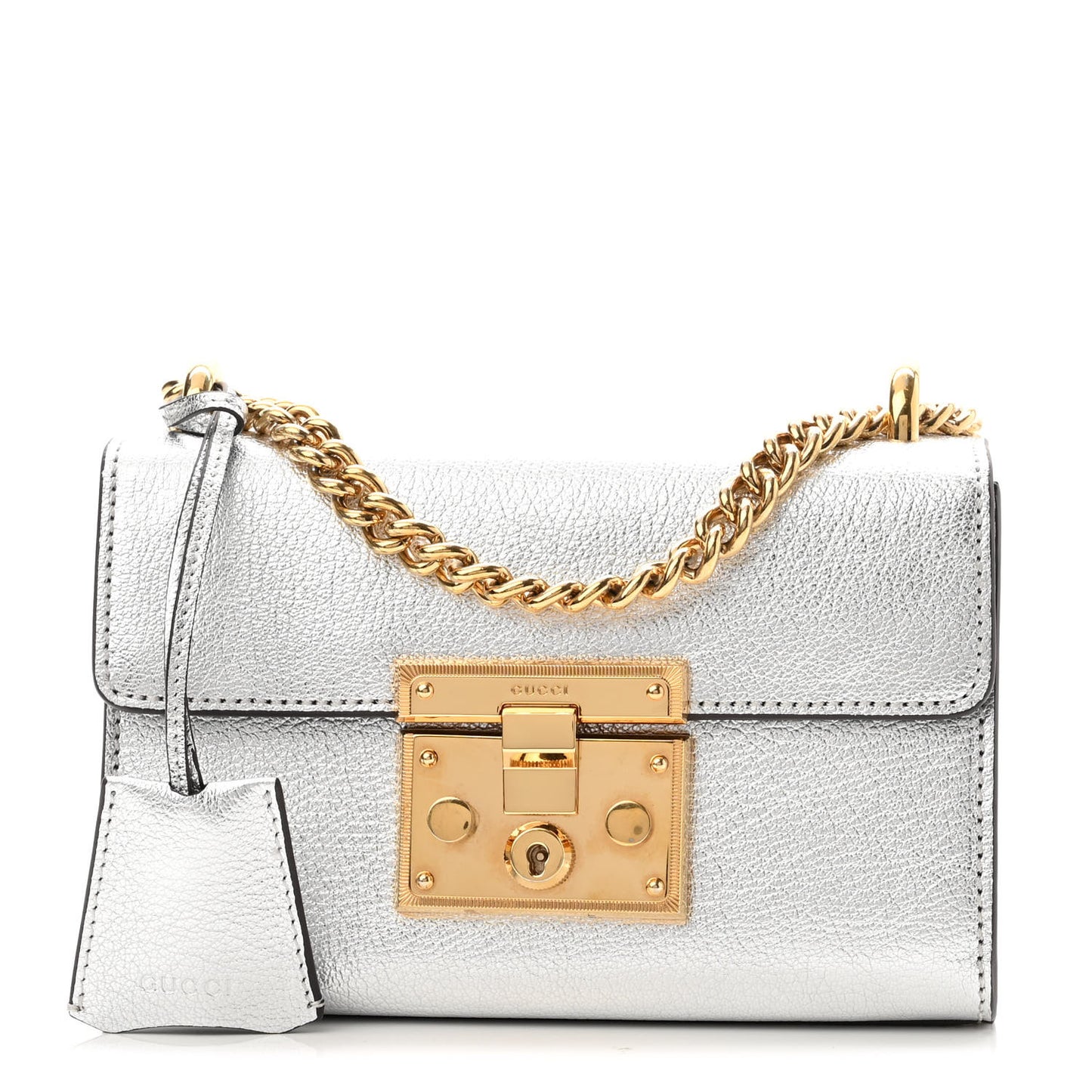 Metallic Goatskin Small Padlock Shoulder Bag Argento