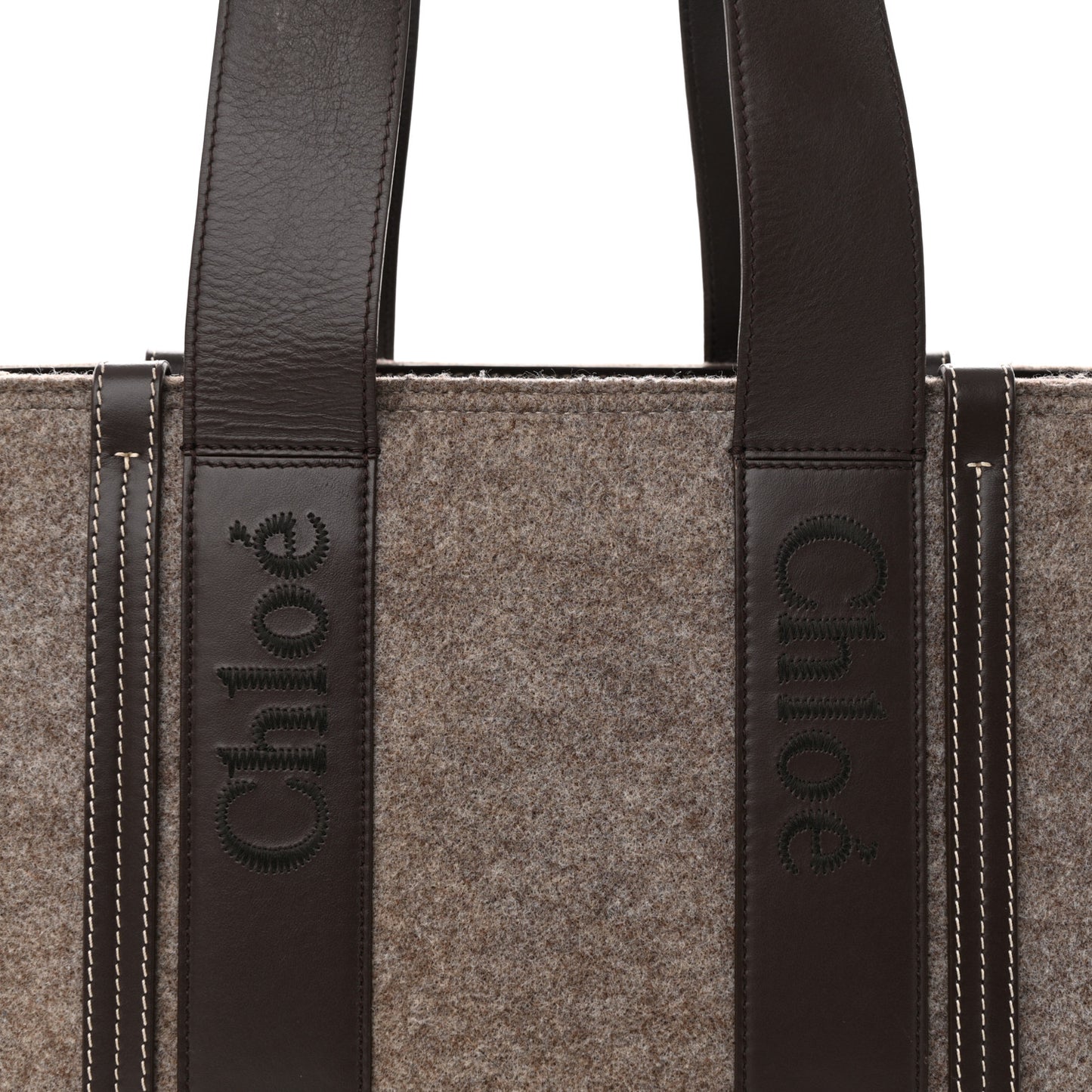 Felt Calfskin Medium Woody Ribbon Tote Deep Beige