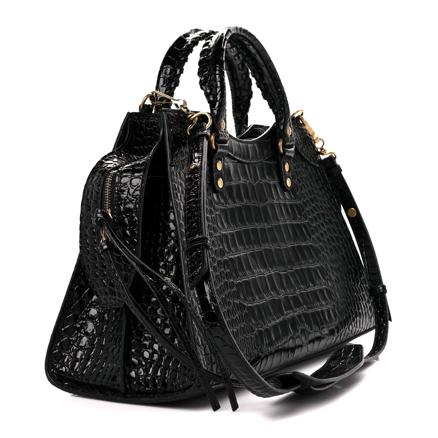 Balenciaga Shiny Supple Calfskin Crocodile Embossed Brass Hardware Neo Classic City Black 3 of 10
