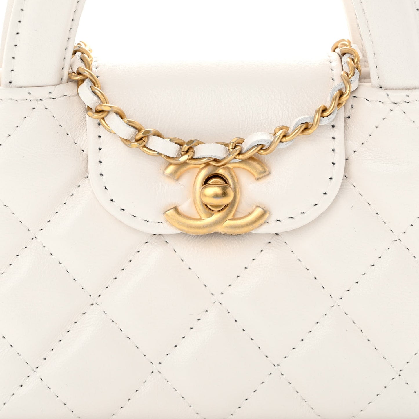 Shiny Aged Calfskin Quilted Mini Nano Kelly Shopper White