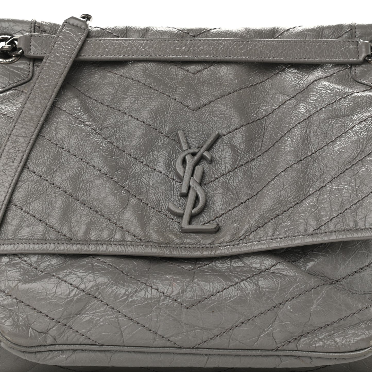 Crinkled Calfskin Matelasse Monogram Large Niki Chain Satchel Fog