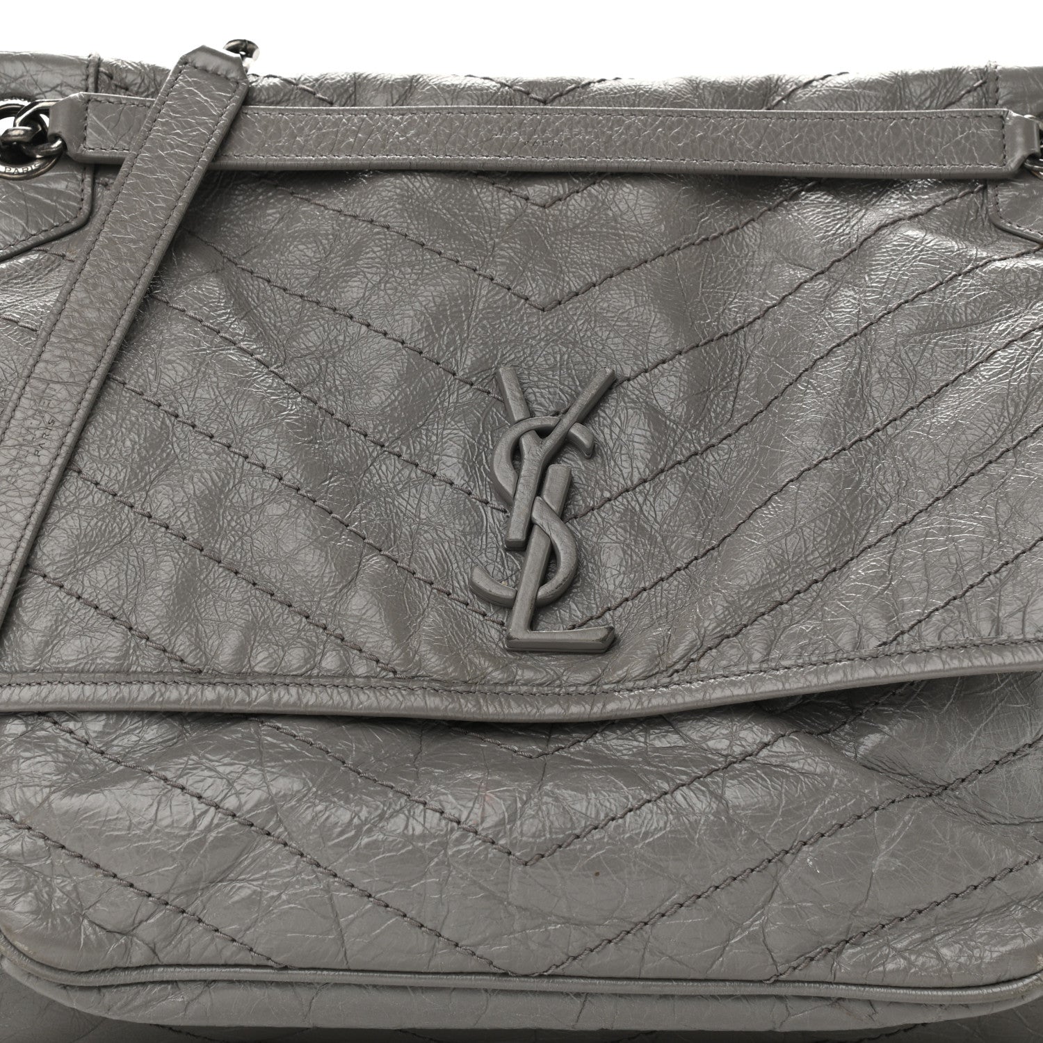 Saint Laurent Crinkled Calfskin Matelasse Monogram Large Niki Chain Satchel Fog 8 of 12