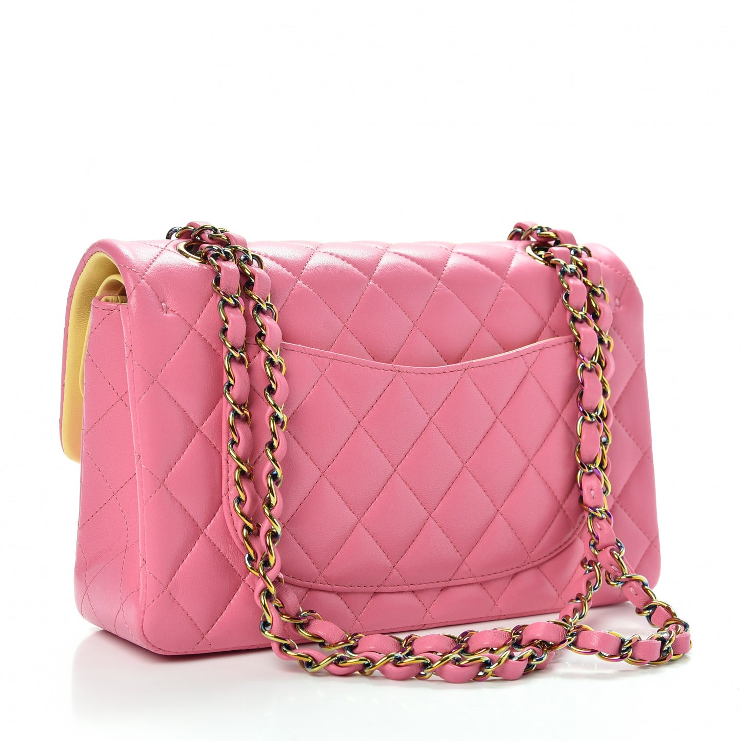 Lambskin Quilted Small Double Flap Pink Yellow