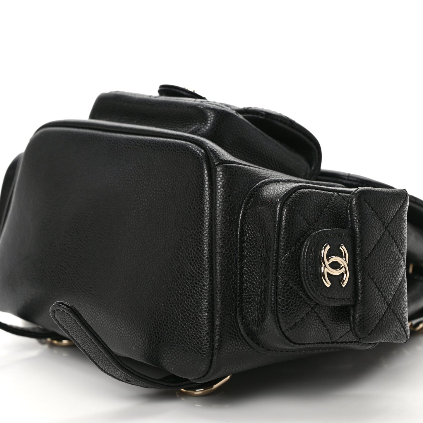 Shiny Caviar Quilted Small Pockets Drawstring Backpack Black