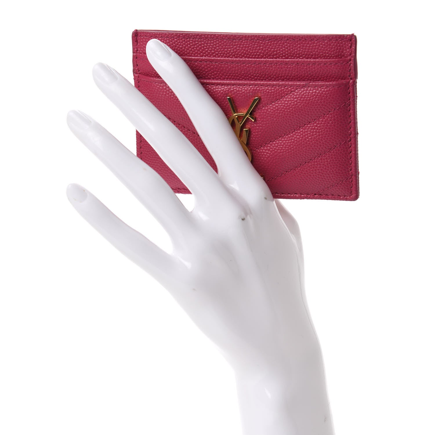 Saint Laurent Grain De Poudre Matelasse Chevron Monogram Credit Card Case Fresh Fuxia 2 of 9