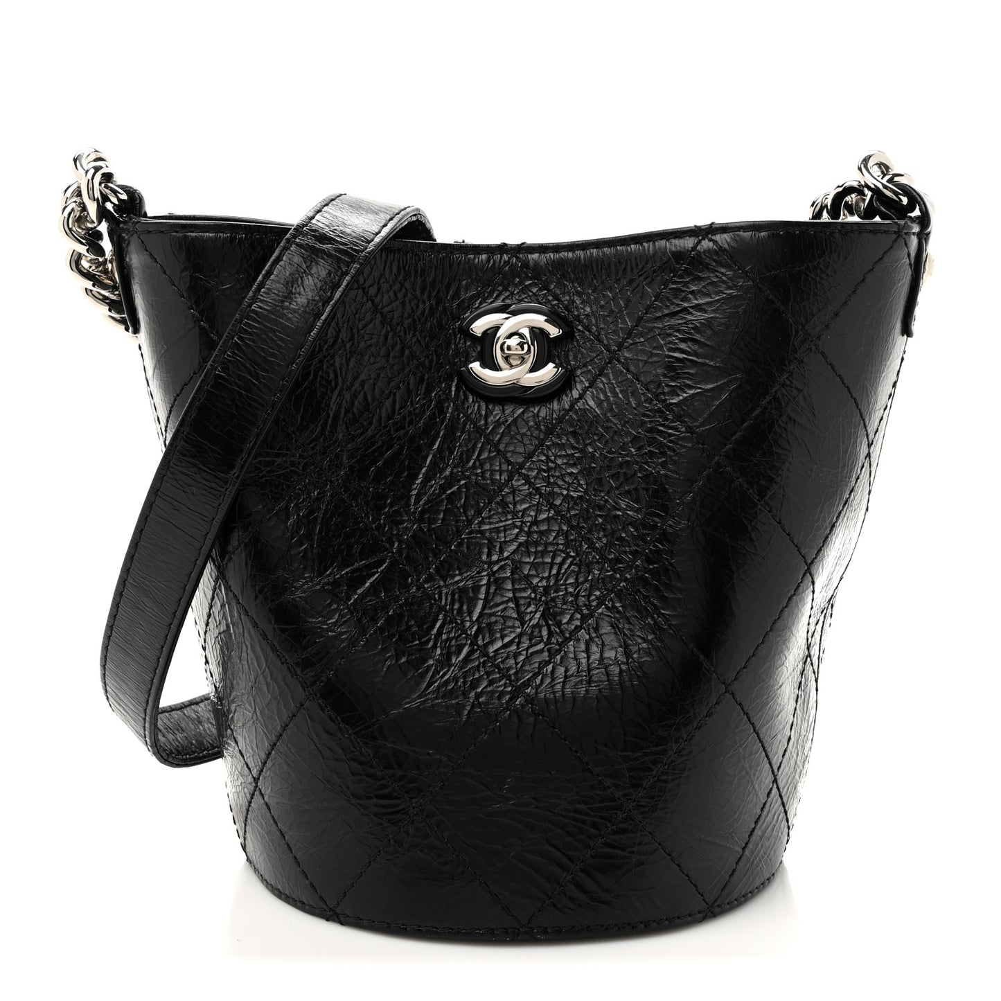 Crumpled Calfskin Quilted Chain Drawstring Bucket Bag Black