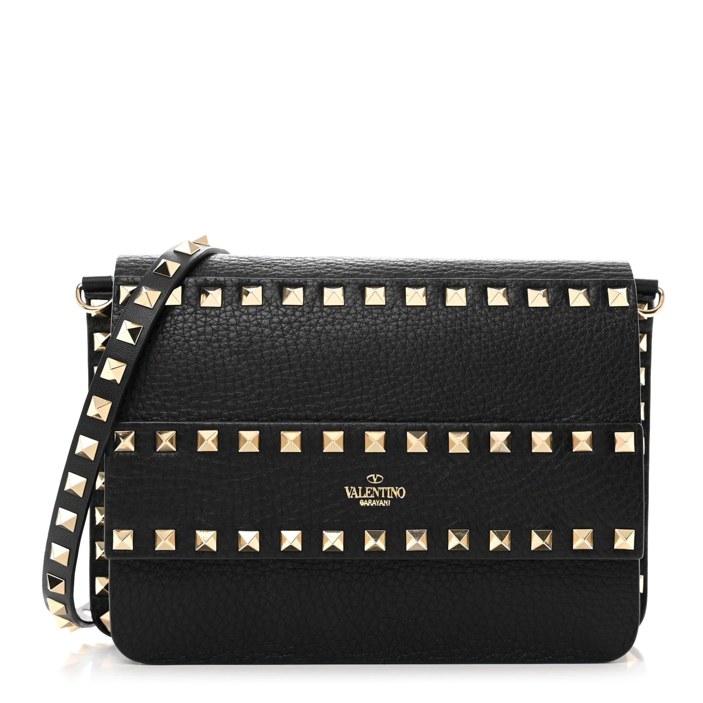 Pebbled Calfskin Rockstud Side Slip Crossbody Black