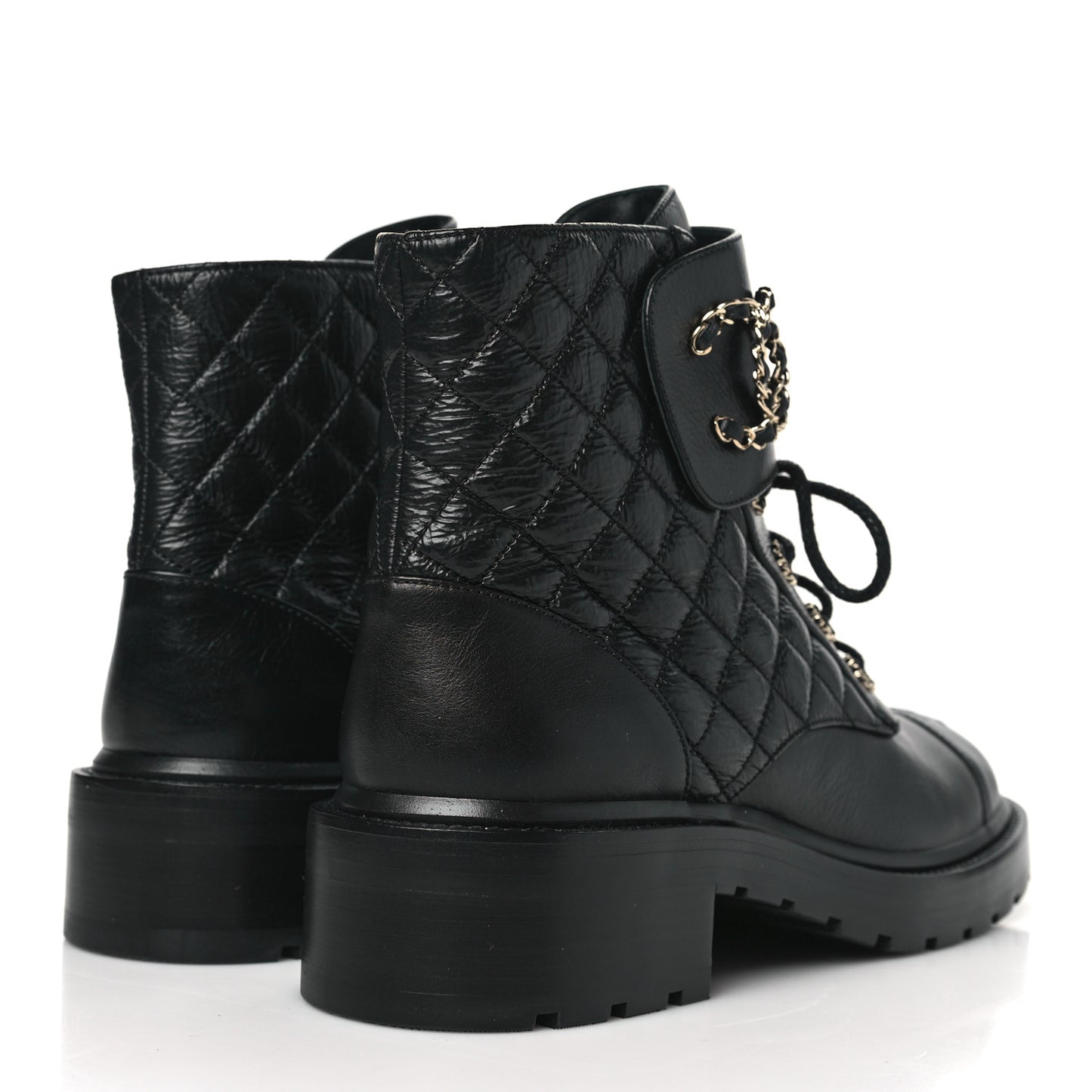 Shiny Goatskin Calfskin Quilted Lace Up Combat Boots 41 Black