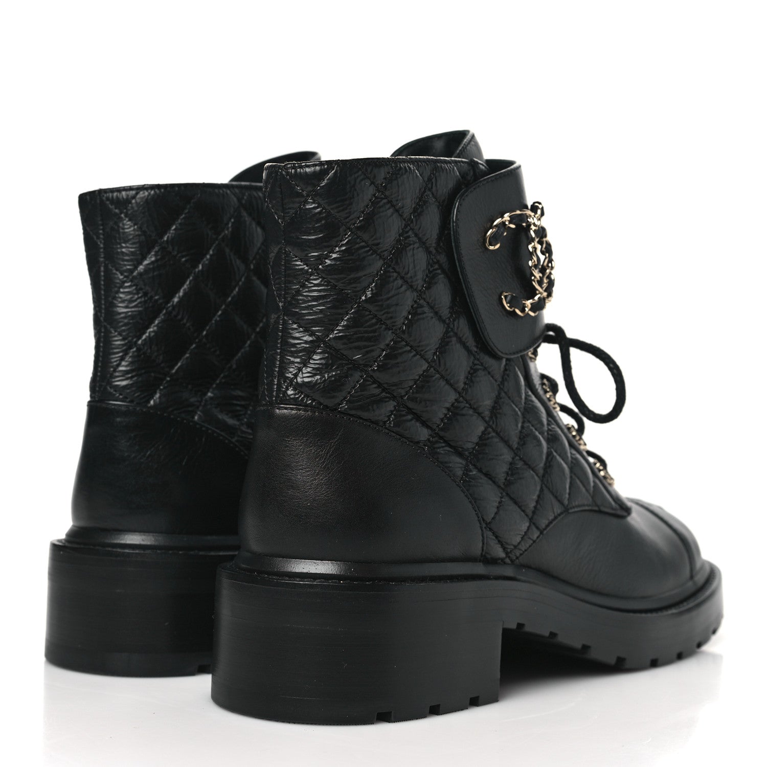 Chanel Shiny Goatskin Calfskin Quilted Lace Up Combat Boots 41 Black 4 of 8
