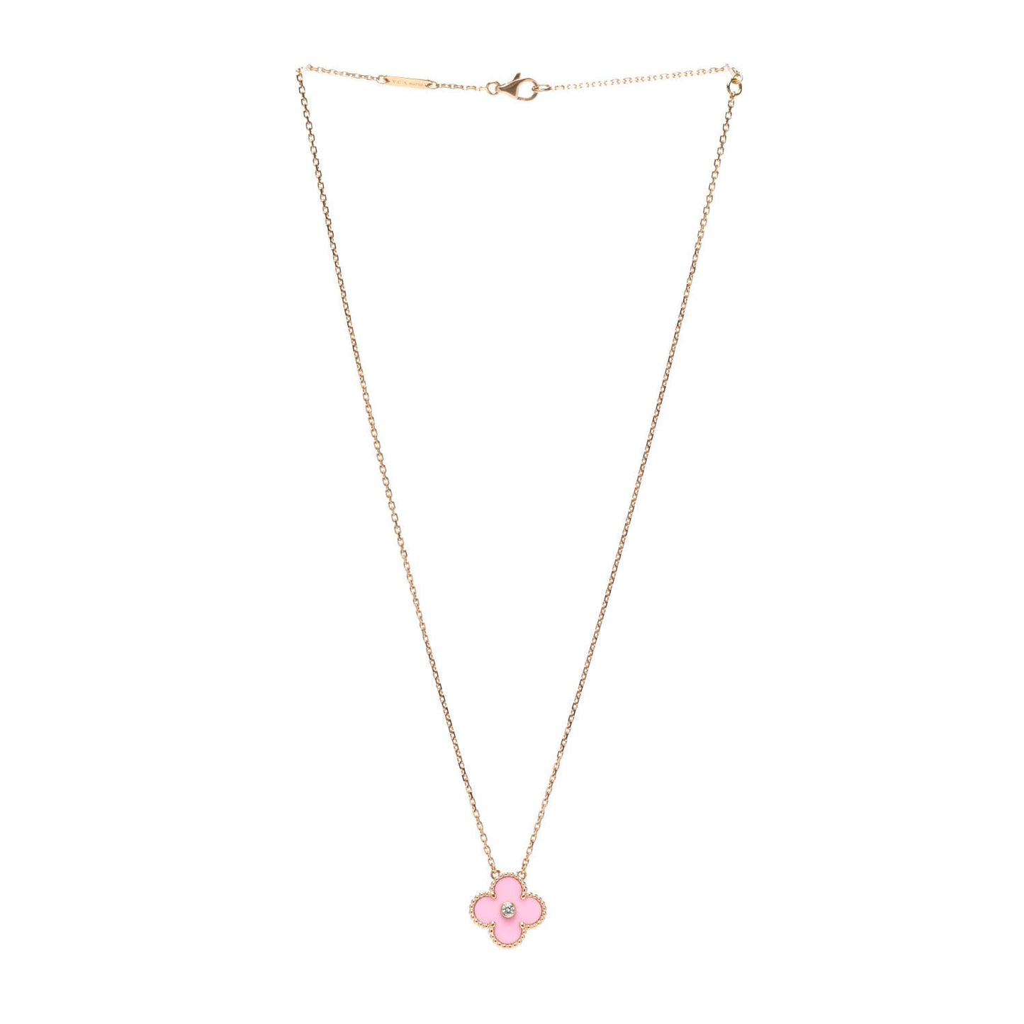 18K Rose Gold Diamond Pink Porcelain Vintage Alhambra Pendant Necklace