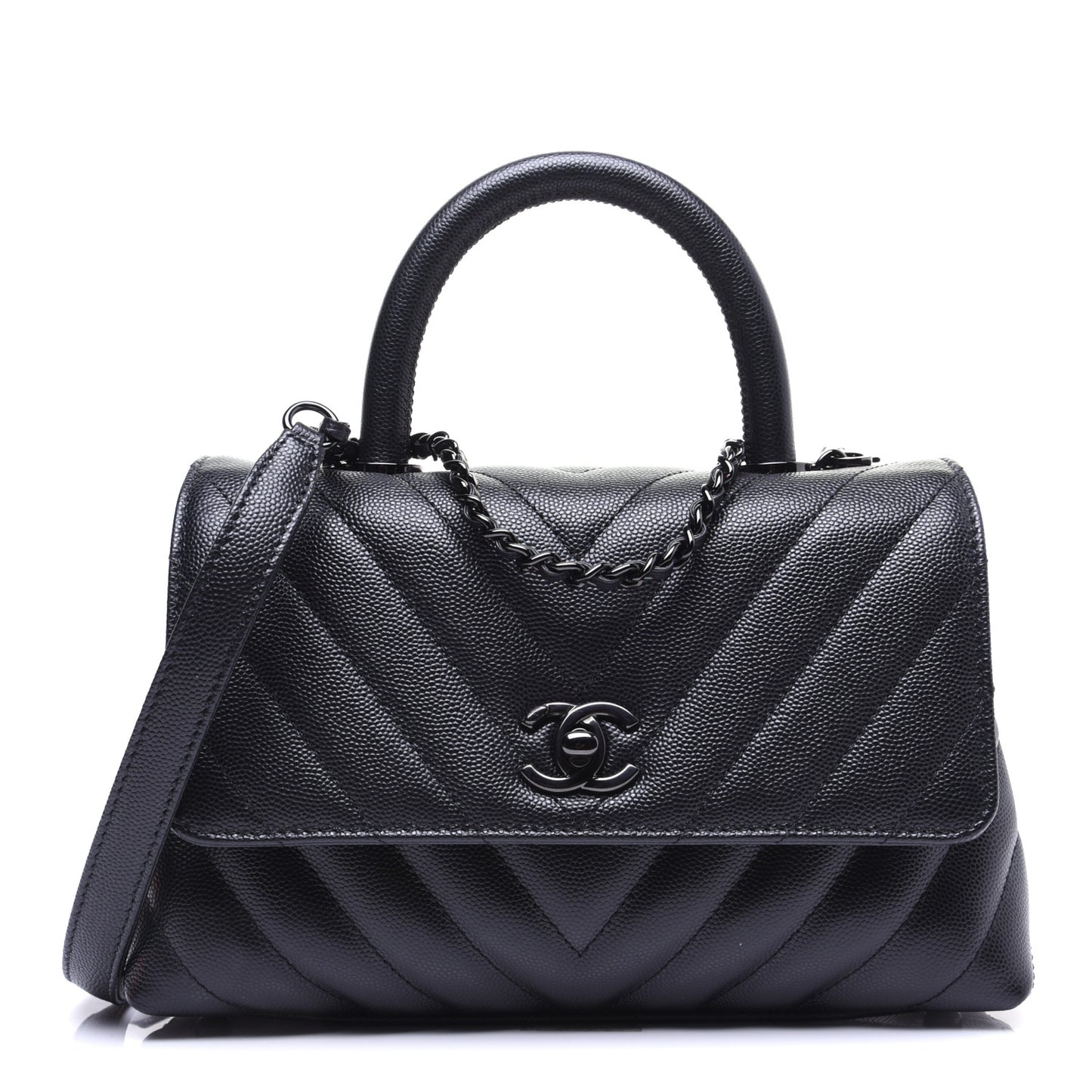 Caviar Chevron Quilted Mini Coco Handle Flap So Black