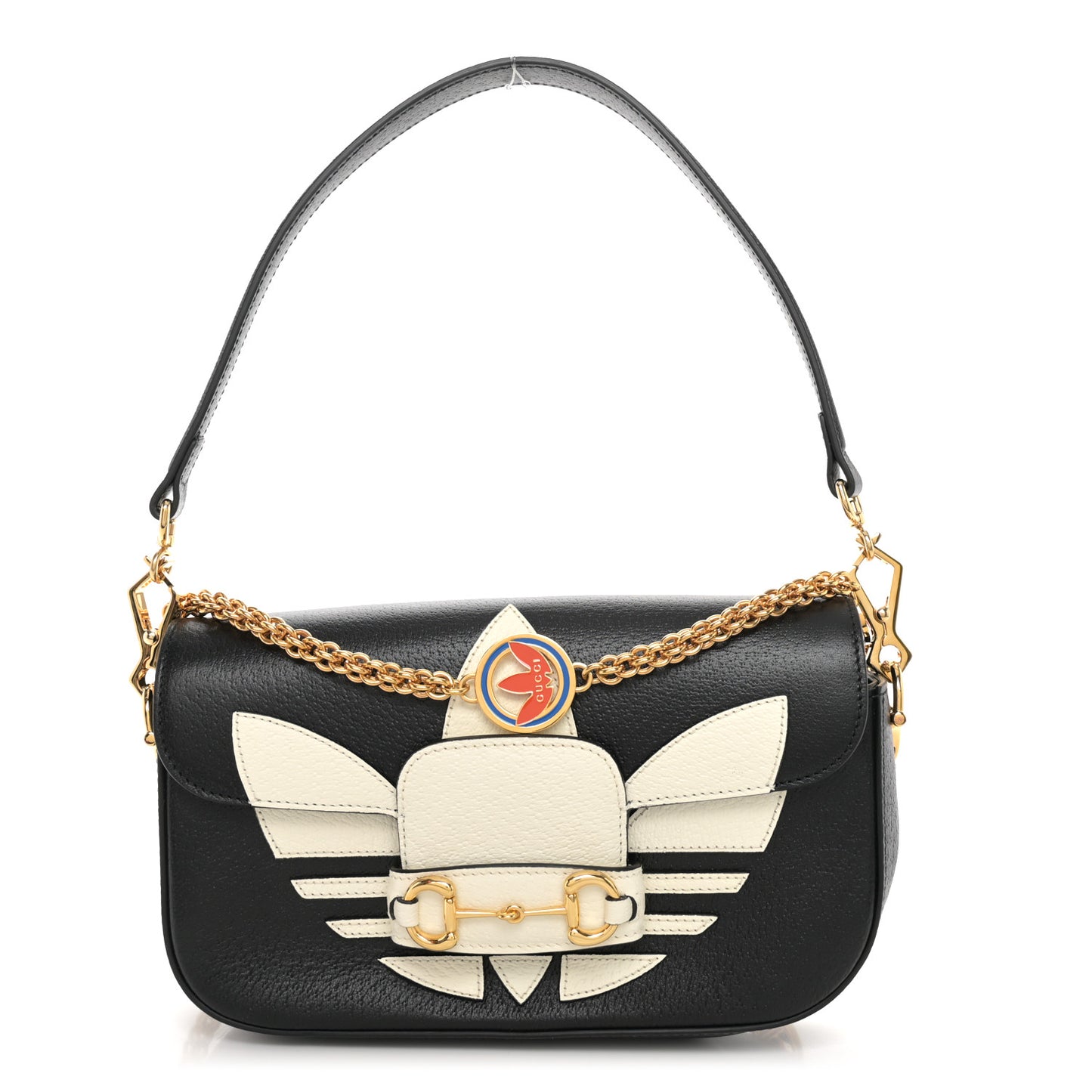 X ADIDAS Textured Dollar Calfskin Web Small Trefoil Horsebit 1955 Shoulder Bag Black Off White