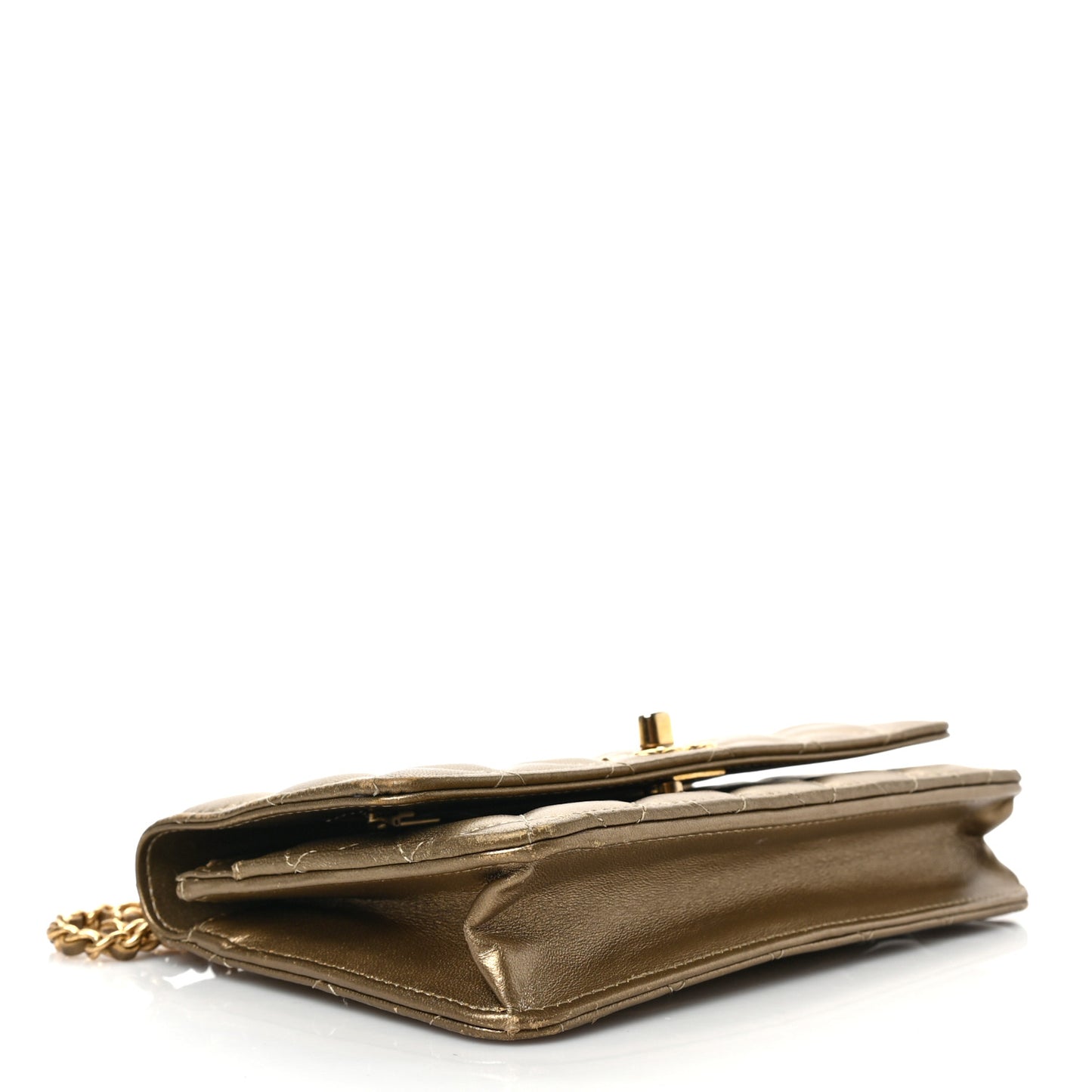 Metallic Lambskin Quilted CC Wallet On Chain WOC Gold