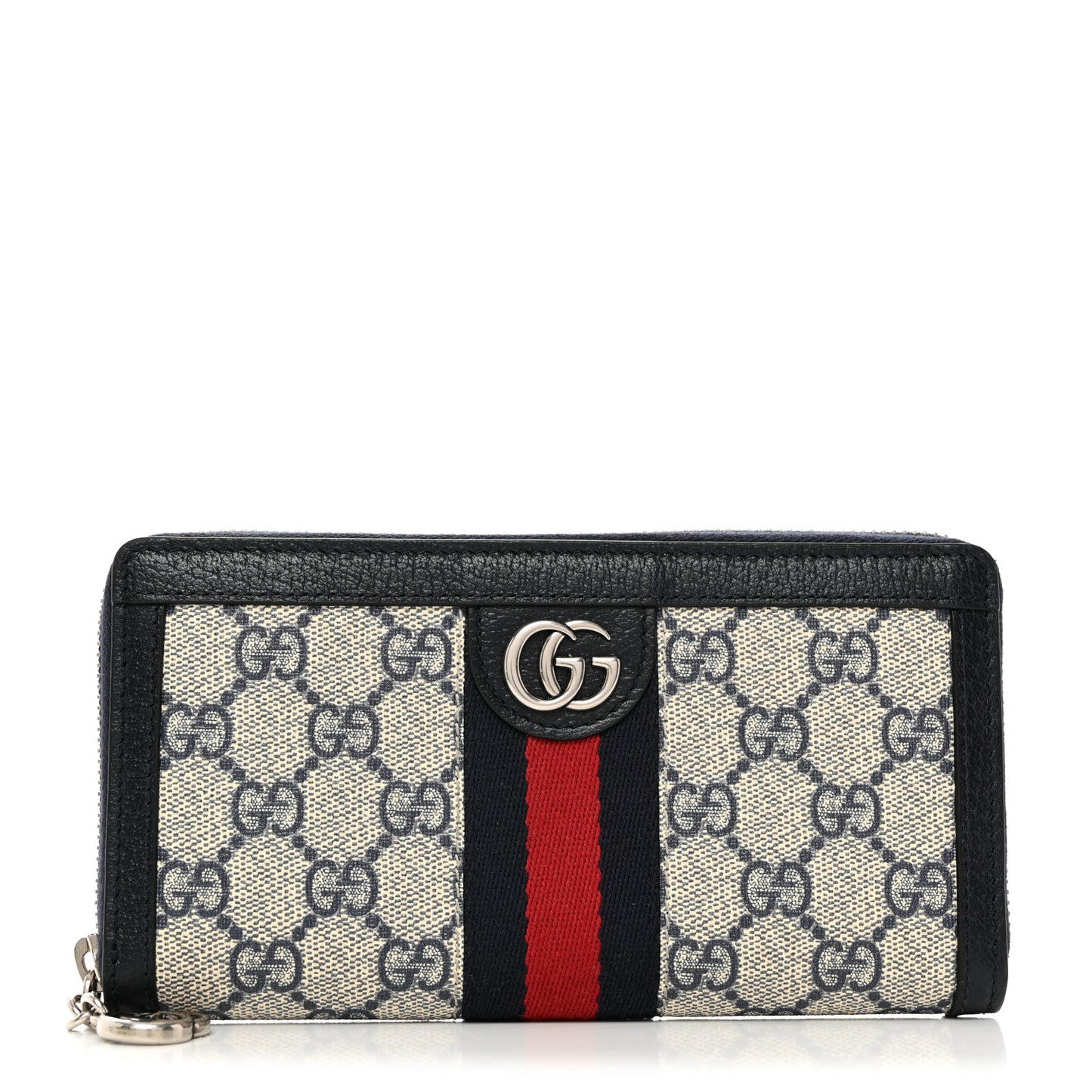 GG Supreme Monogram Textured Dollar Calfskin Web Ophidia Zip Around Wallet Beige Blue