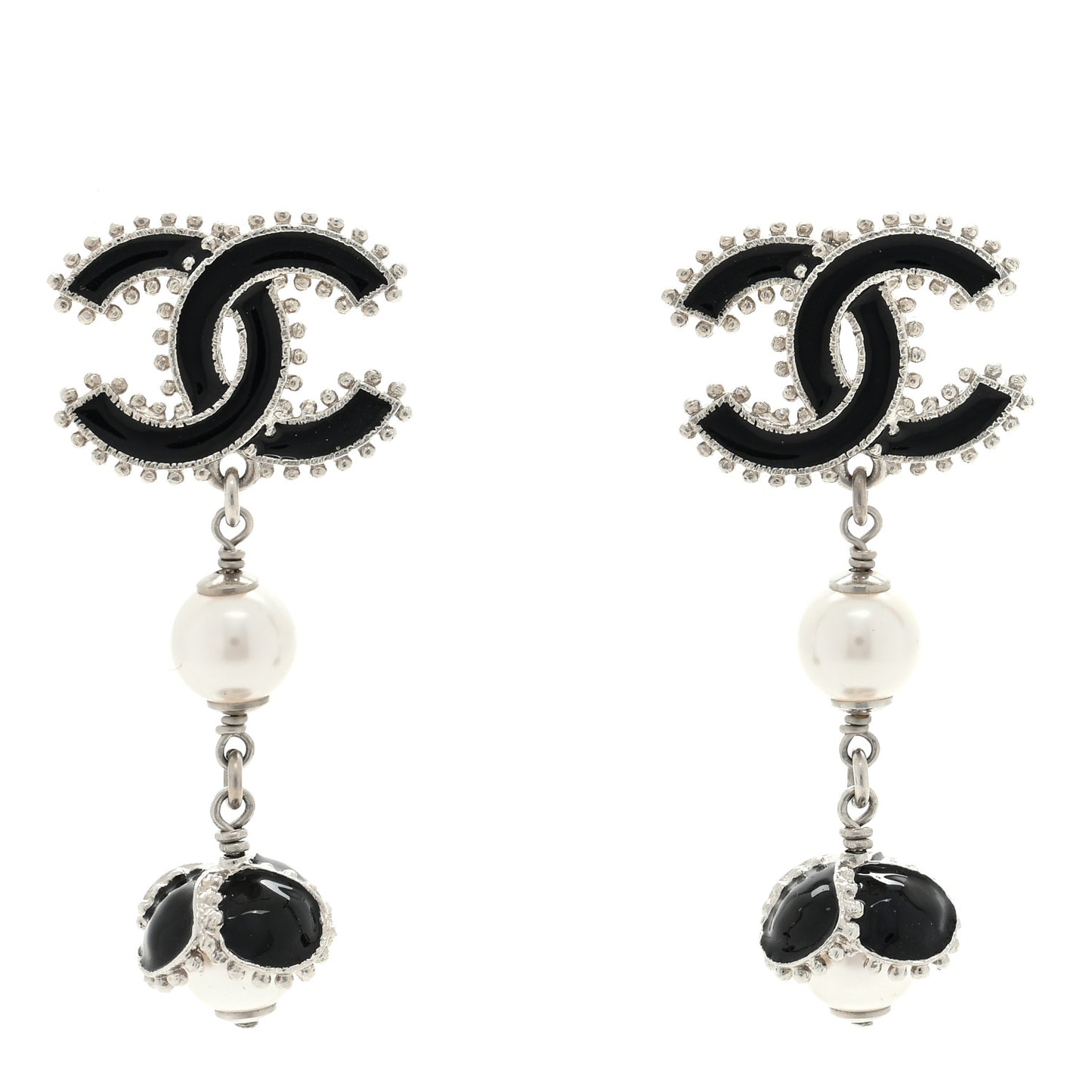 Metal Resin Bead Pearl CC Drop Earrings Silver White Black