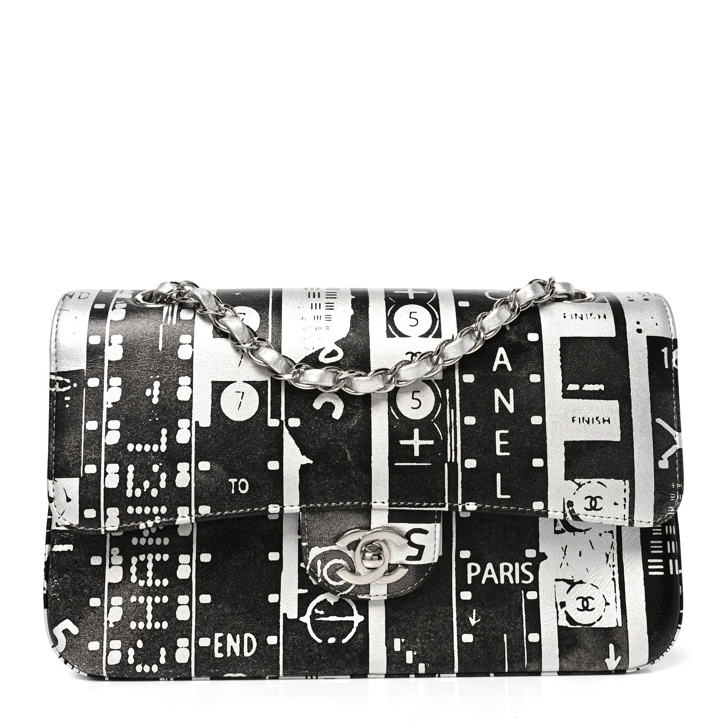 Chanel Lambskin Graffiti Printed Medium Double Flap Black Silver