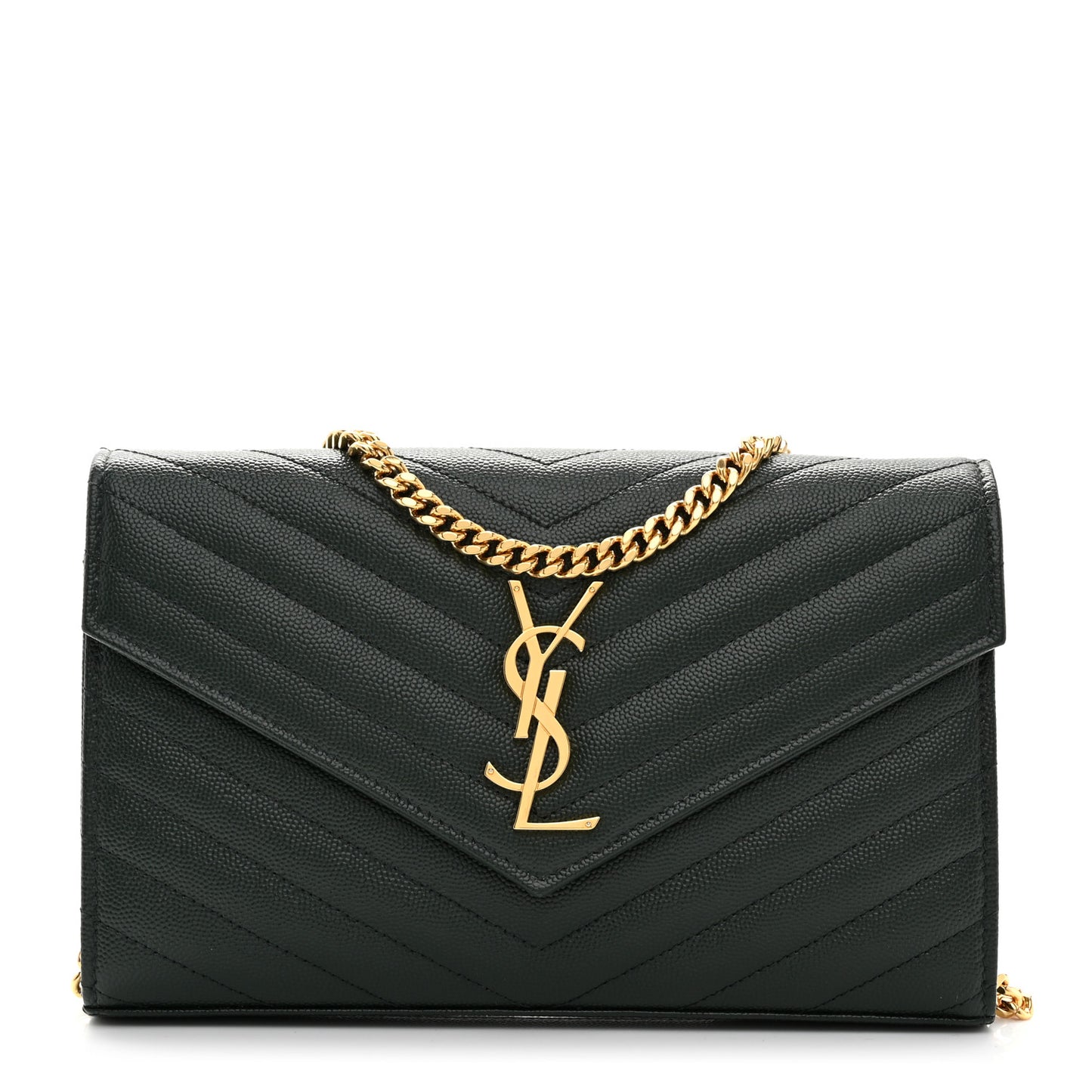 Grain De Poudre Matelasse Chevron Monogram Chain Wallet Dark Green