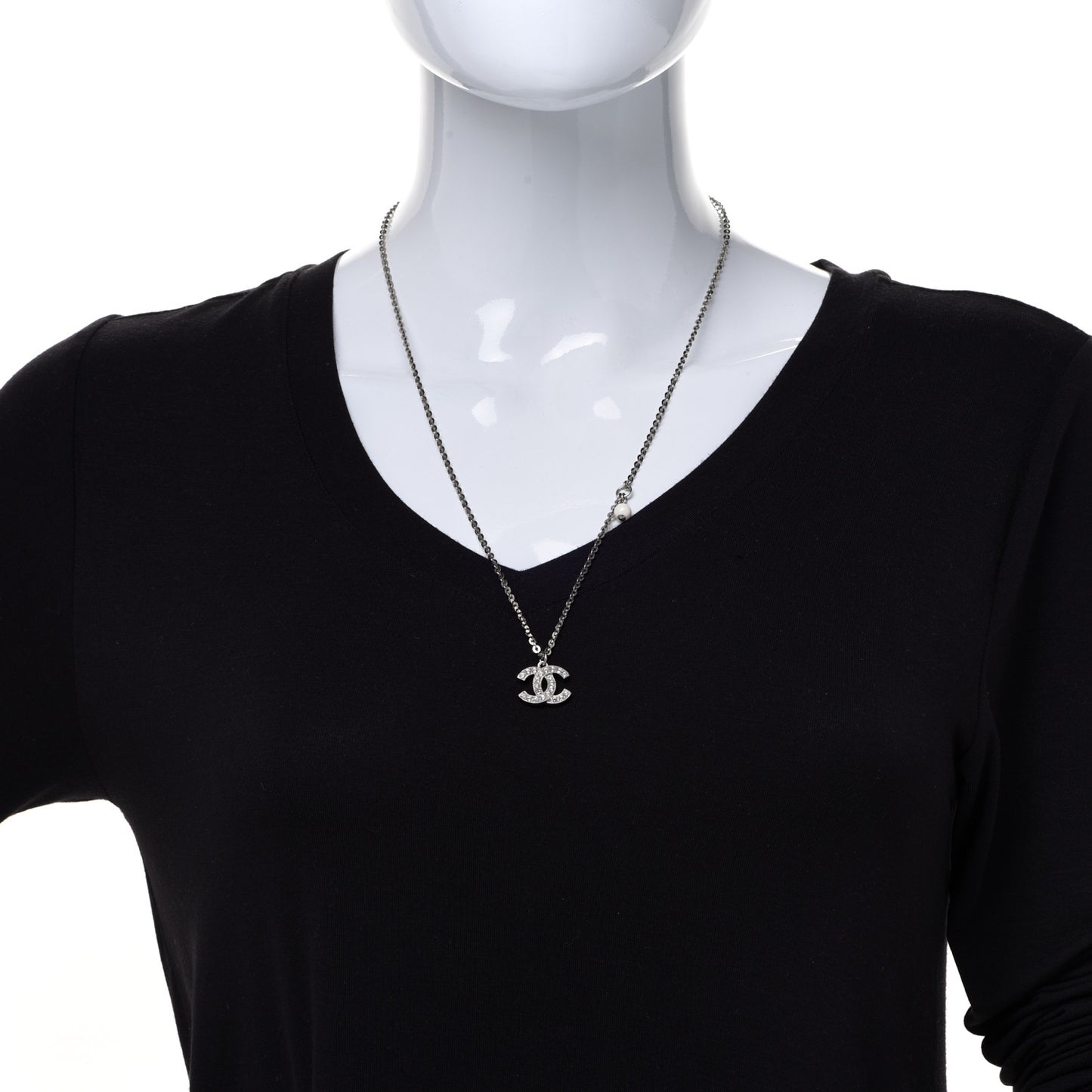 Crystal Pearl CC Pendant Necklace Silver Black