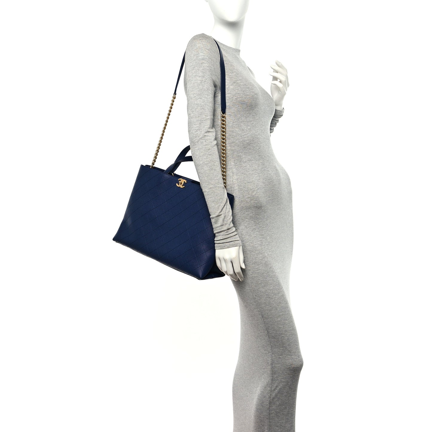 Caviar Stitched Large Shopping Tote Bag Blue