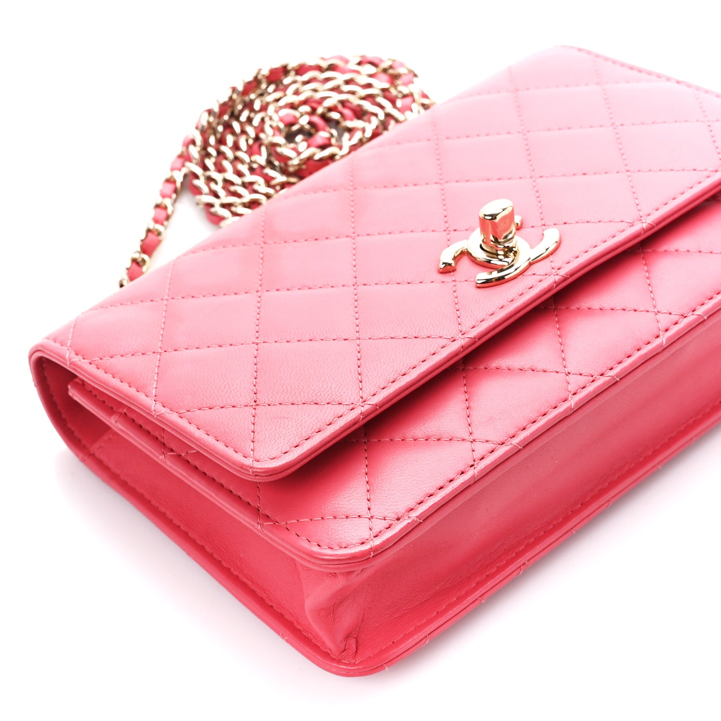 Lambskin Quilted Trendy CC Wallet On Chain WOC Pink