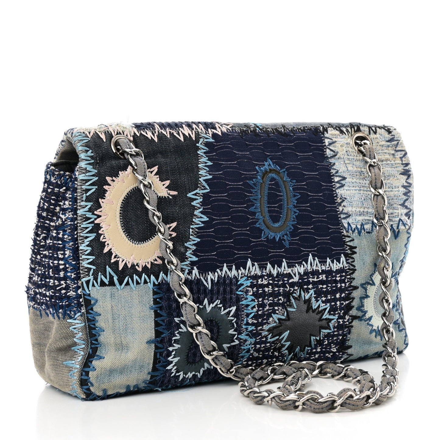 Denim Tweed Patchwork Jumbo Single Flap Blue