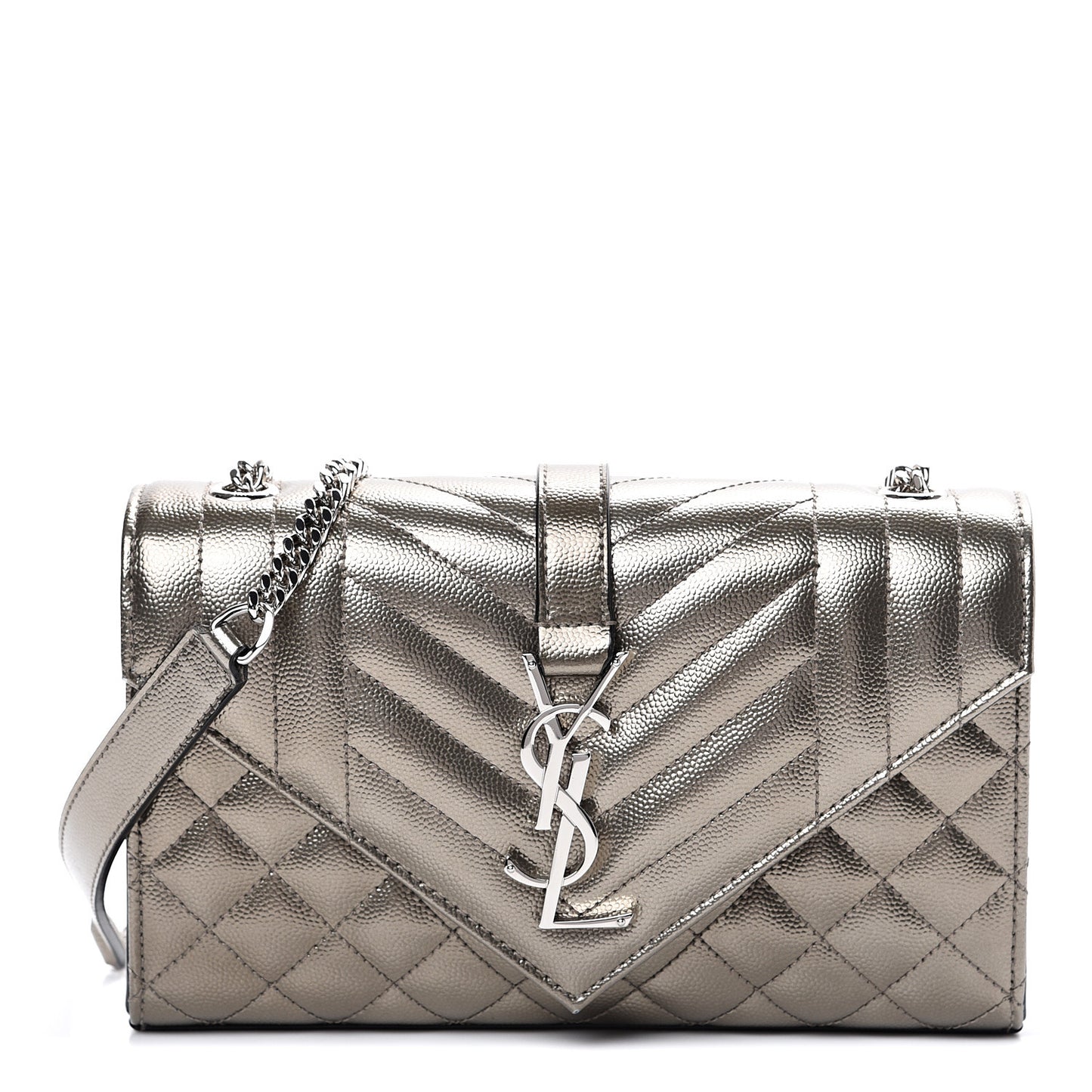 Metallic Grain De Poudre Textured Mixed Matelasse Triquilt Small Monogram Satchel Piombo