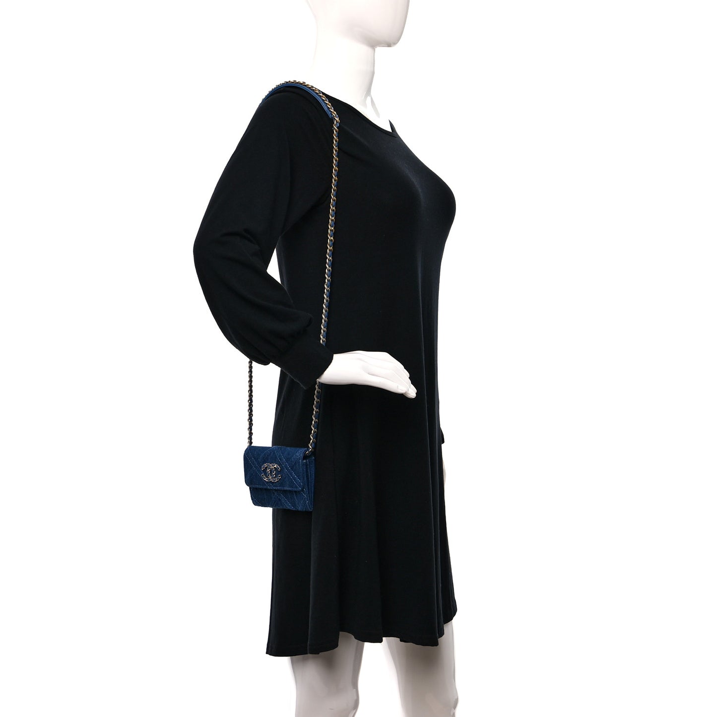 Denim Quilted Chanel 19 Flap Coin Purse With Chain Blue