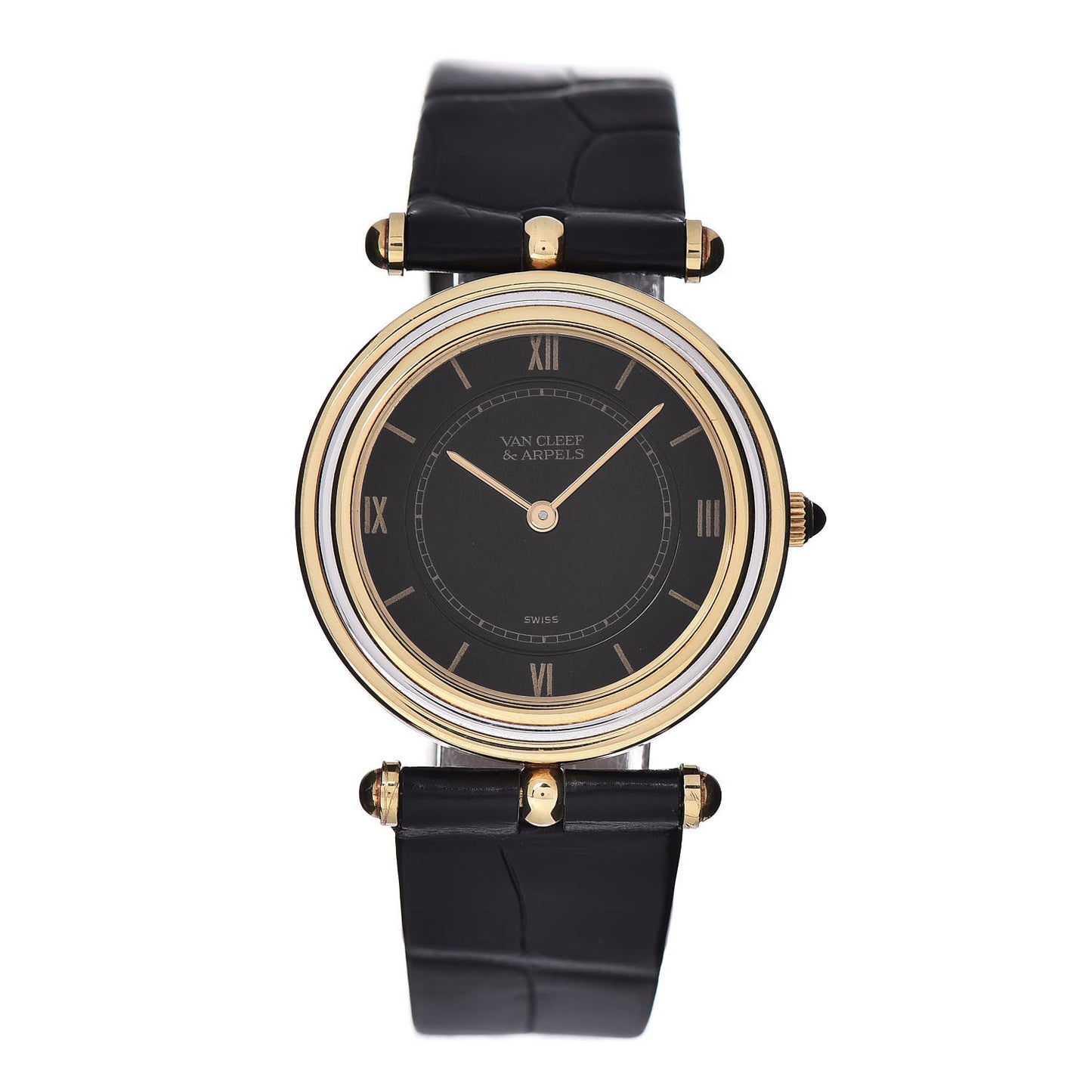 18K White Yellow Gold Alligator 30mm Manual Winding Watch Black
