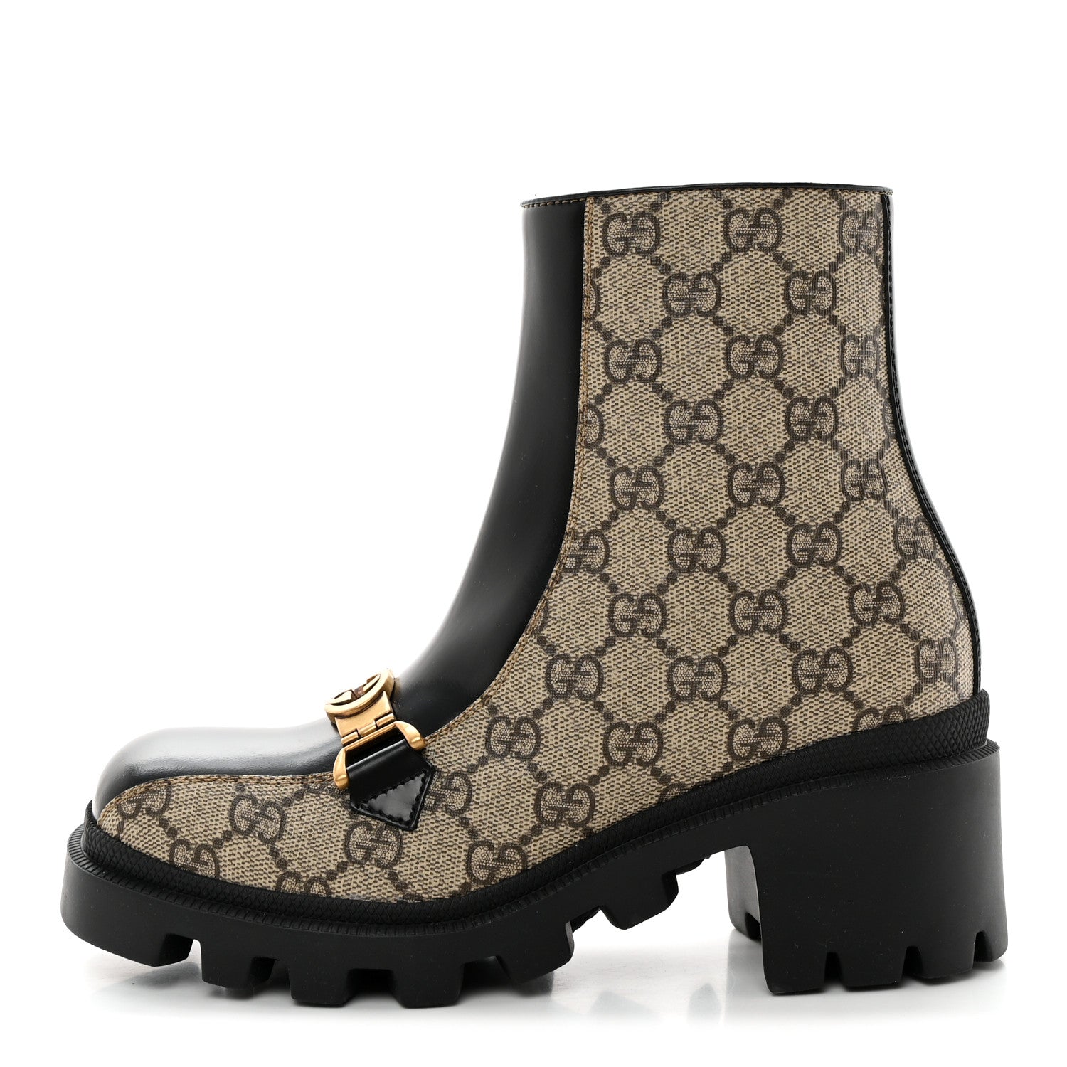 Gucci GG Supreme Monogram Magnum Calfskin Interlocking G Womens Lug Sole Ankle Boots 35.5 Beige Ebony Black 1 of 13