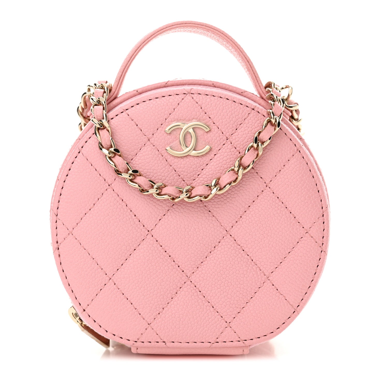 Caviar Quilted Round Handle With Care Vanity With Chain Pink