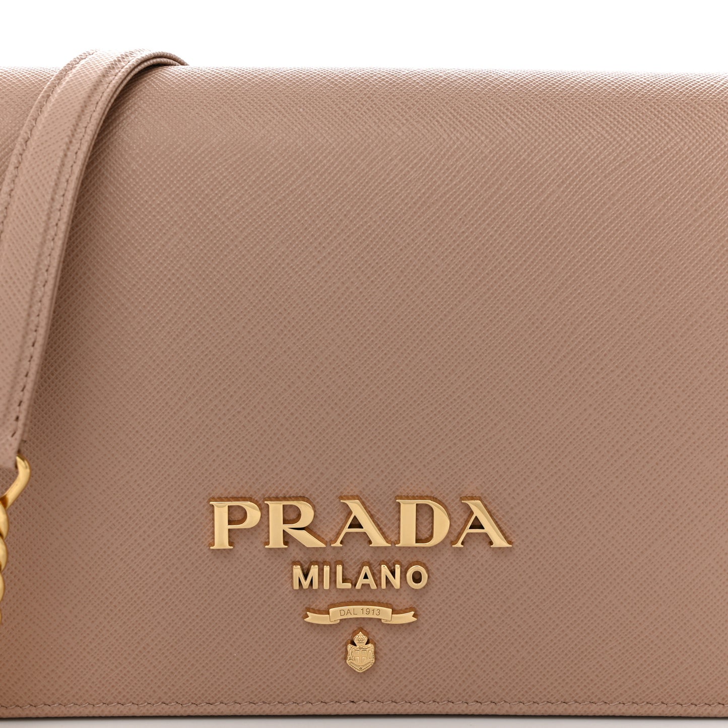 Saffiano Lux Metal Logo Mini Chain Flap Crossbody Bag Cipria