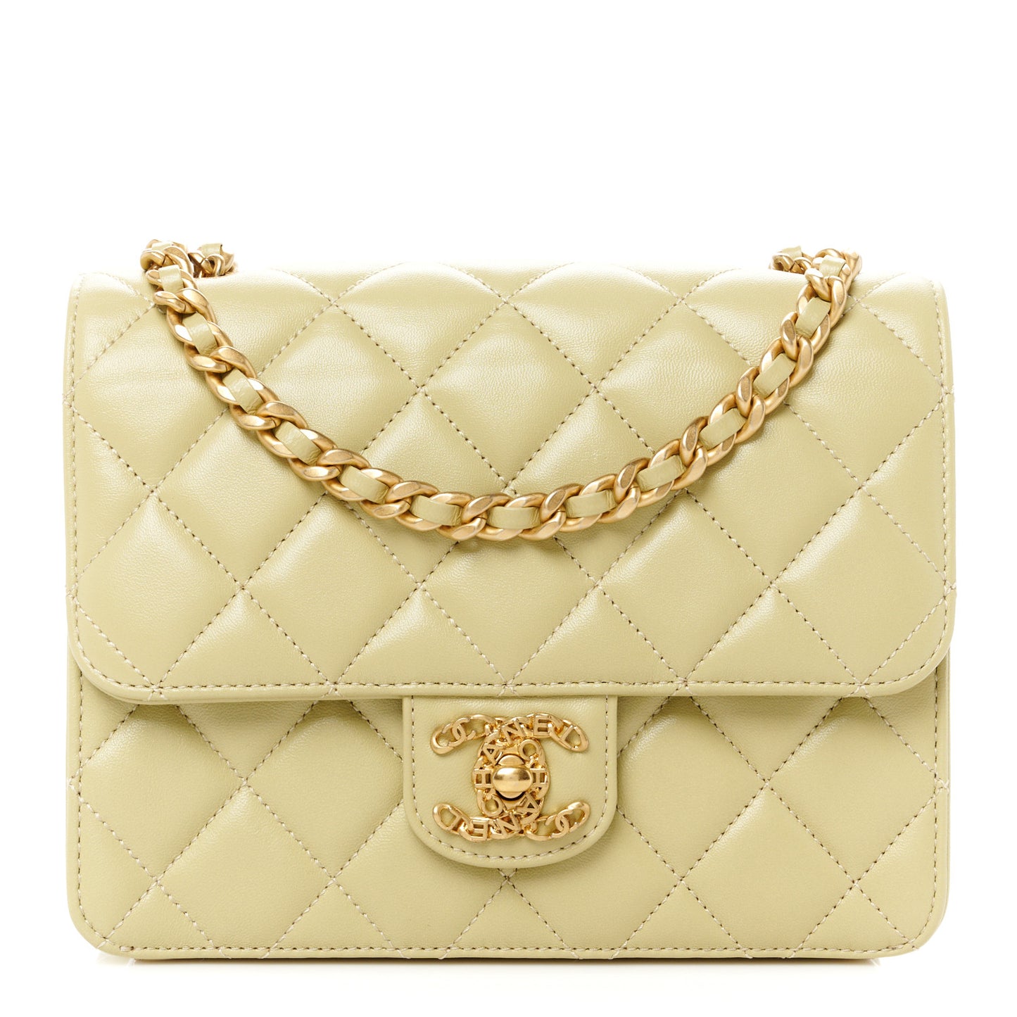 Shiny Lambskin Quilted Mini Flap Green