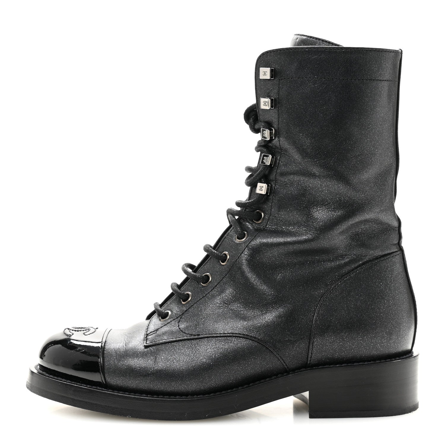 Chanel Iridescent Calfskin Patent Cap Toe Lace Up Combat Boots 38