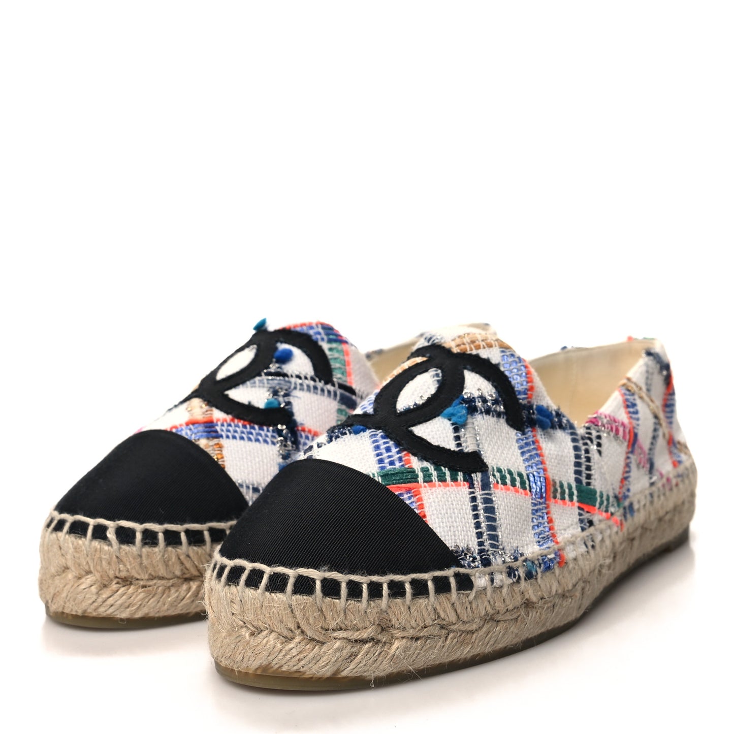Tweed Grosgrain CC Espadrilles 36 White Blue Pink Green Black