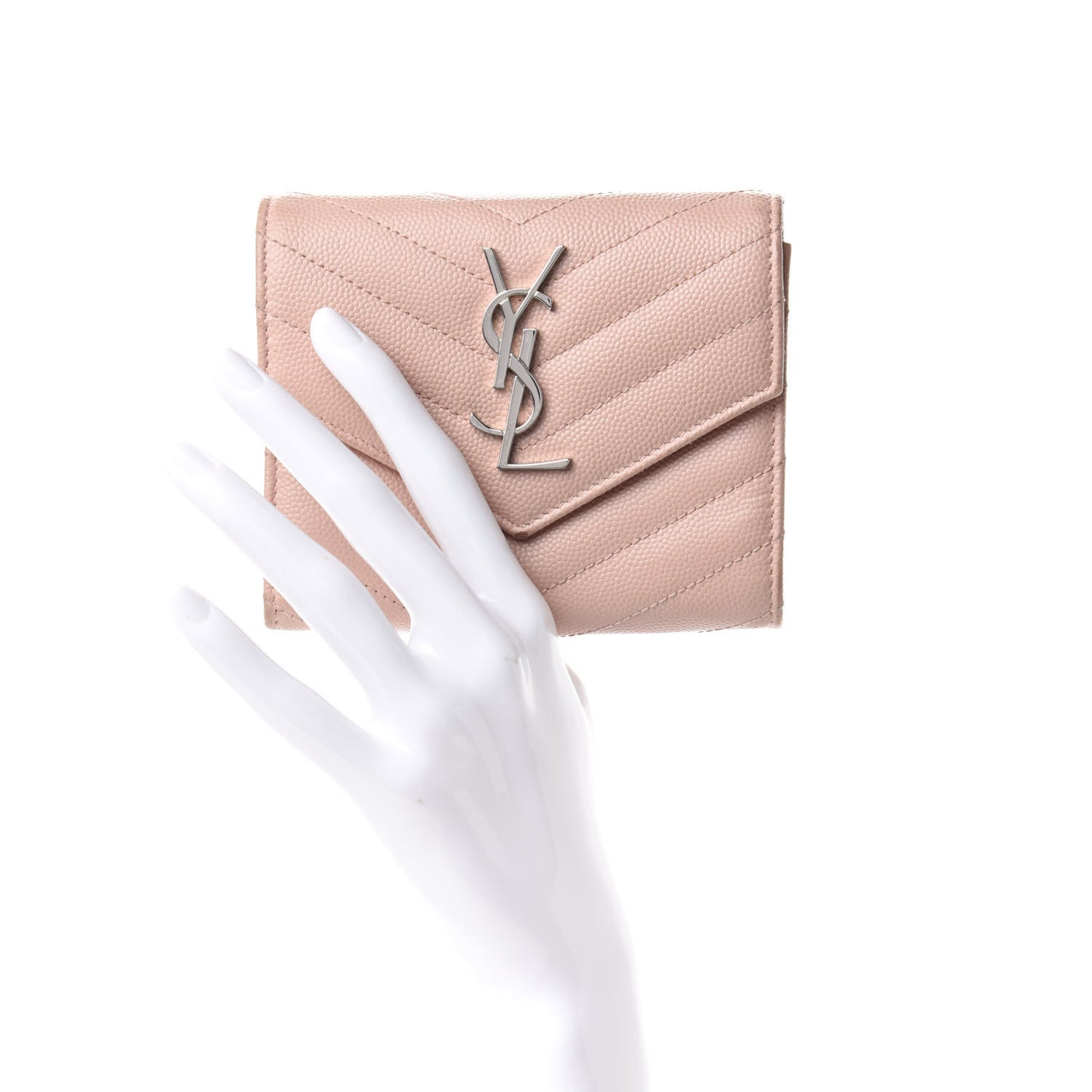 Grain De Poudre Matelasse Chevron Monogram Compact Tri Fold Wallet Pale Pink