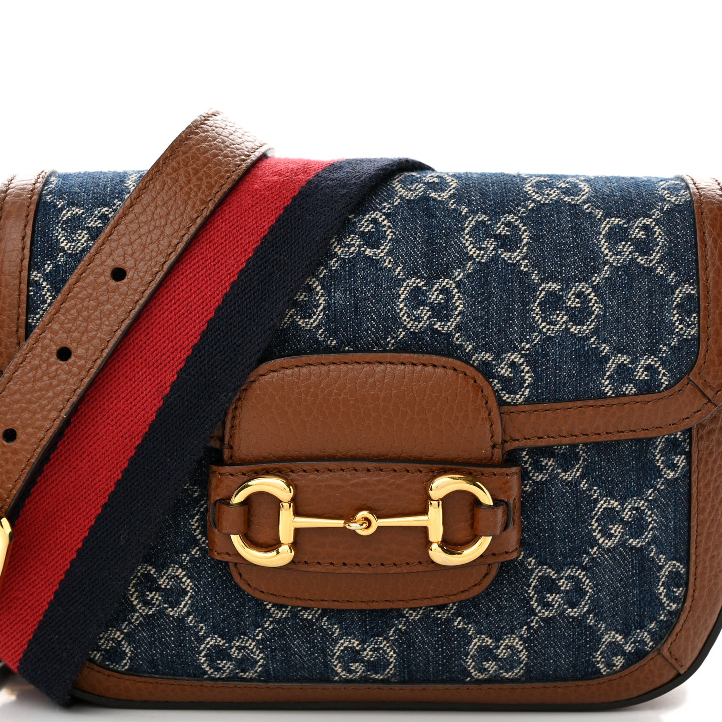 New Denim GG Monogram Dollar Calfskin Web Mini Horsebit 1955 Shoulder Bag Blue Tea Cuir Epilog
