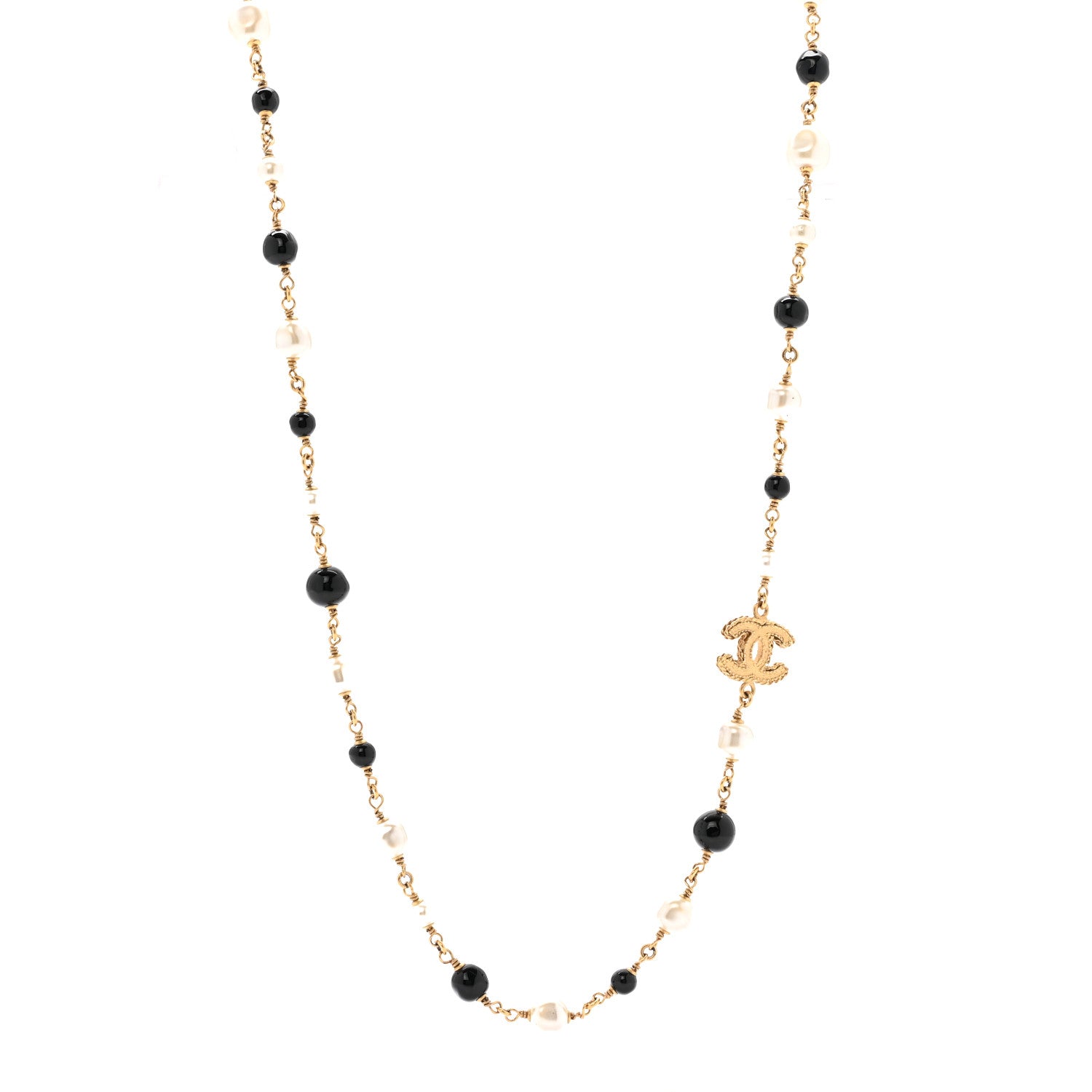 Chanel Irregular Pearl Bead CC Long Necklace Black Gold 1802893
