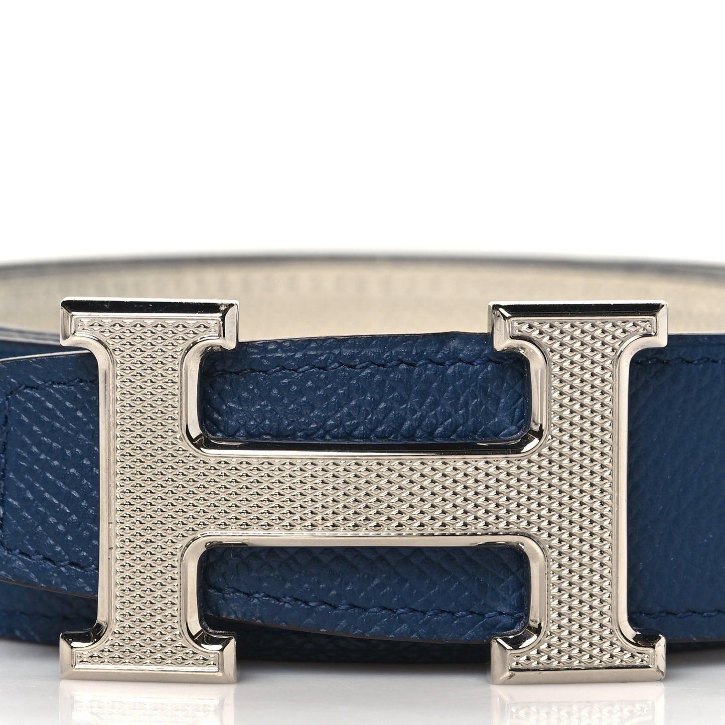 Epsom 32mm Guilloche H Belt 100 Bleu Indigo White