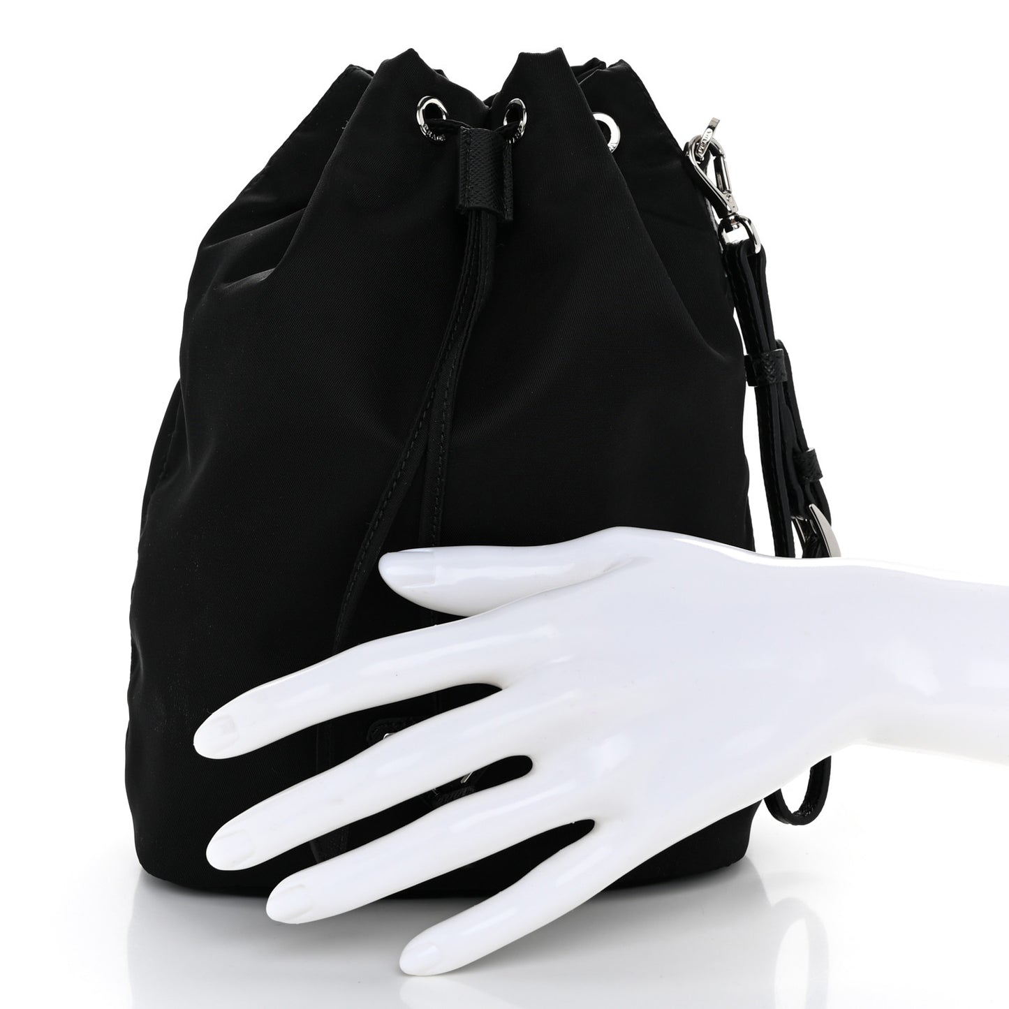 Saffiano Tessuto Nylon Vela Bucket Wristlet Black