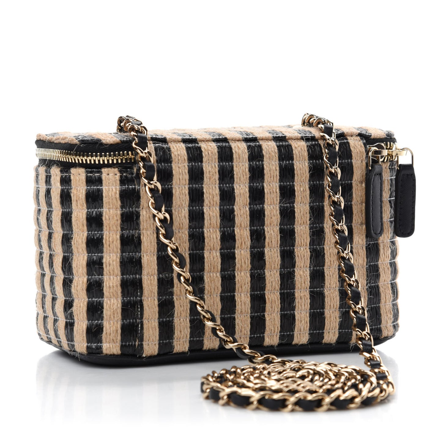 Raffia Jute Striped Small Vanity Case With Chain Black Beige