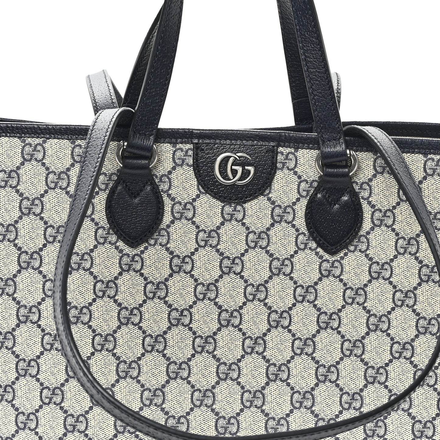 GG Supreme Monogram Textured Dollar Calfskin Medium Shoulder Tote Bag Beige Blue