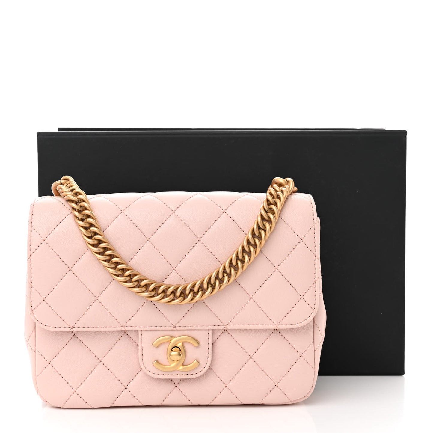Calfskin Quilted Chain On Chain Flap Light Pink