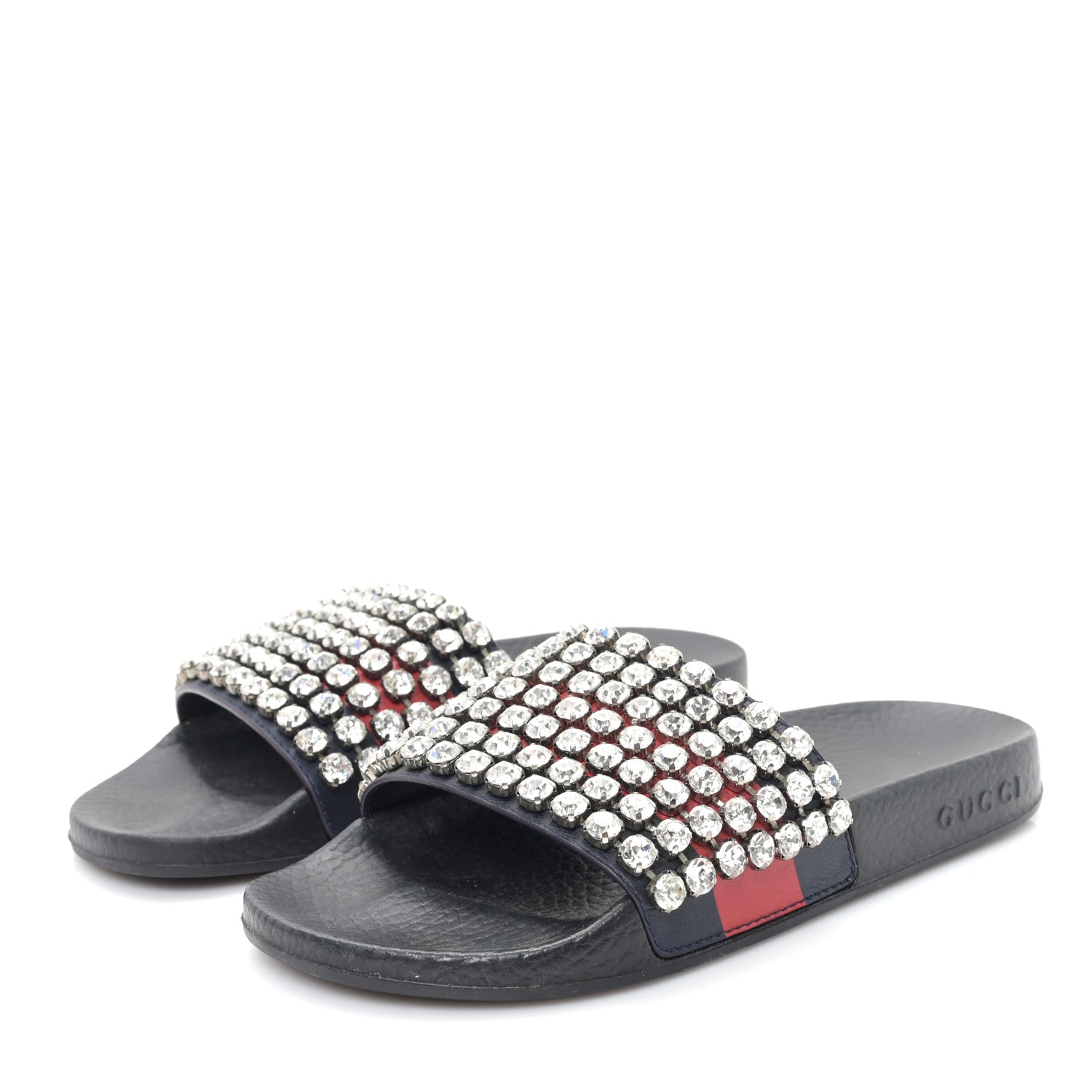 Gucci Calfskin Crystal Embellished Web Slide Sandals 36 Blue Red 4 of 8