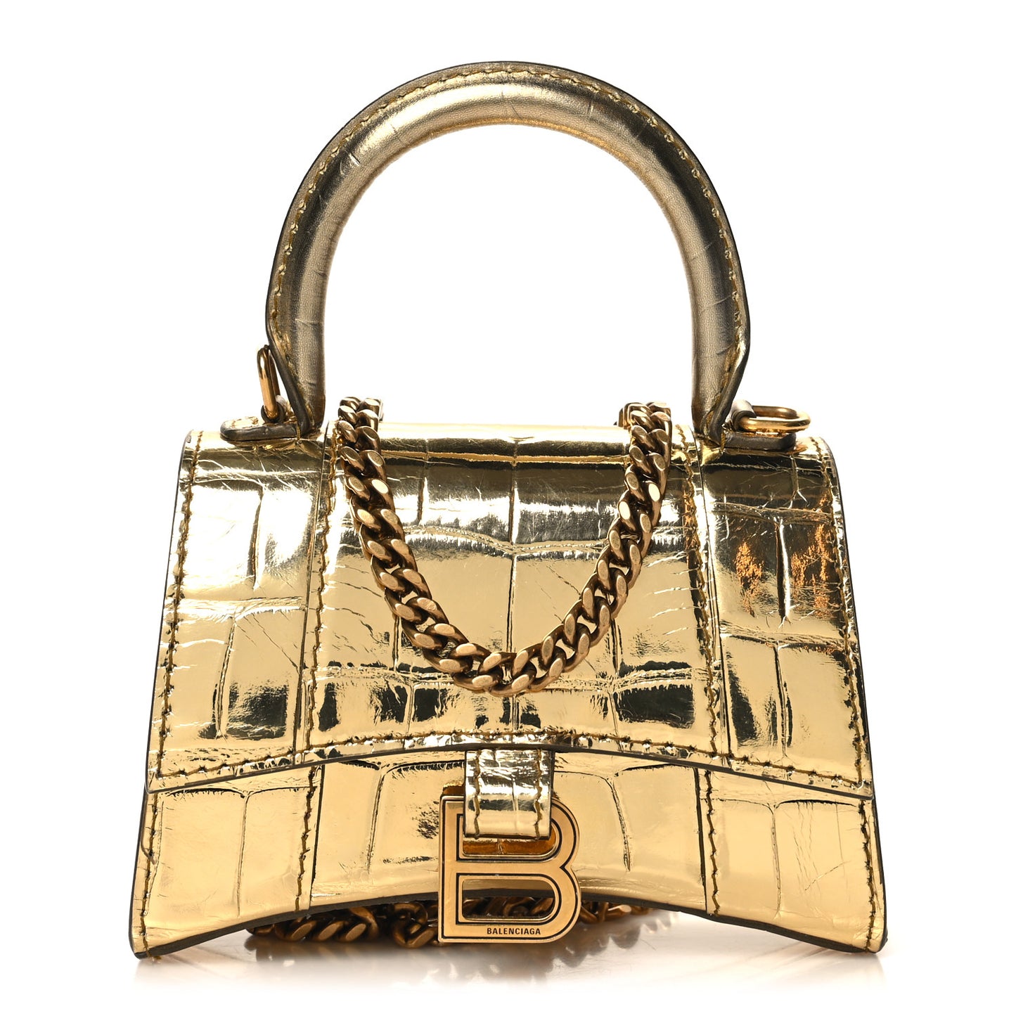 Metallic Calfskin Crocodile Embossed Hourglass Top Handle Bag Mini with Chain Gold