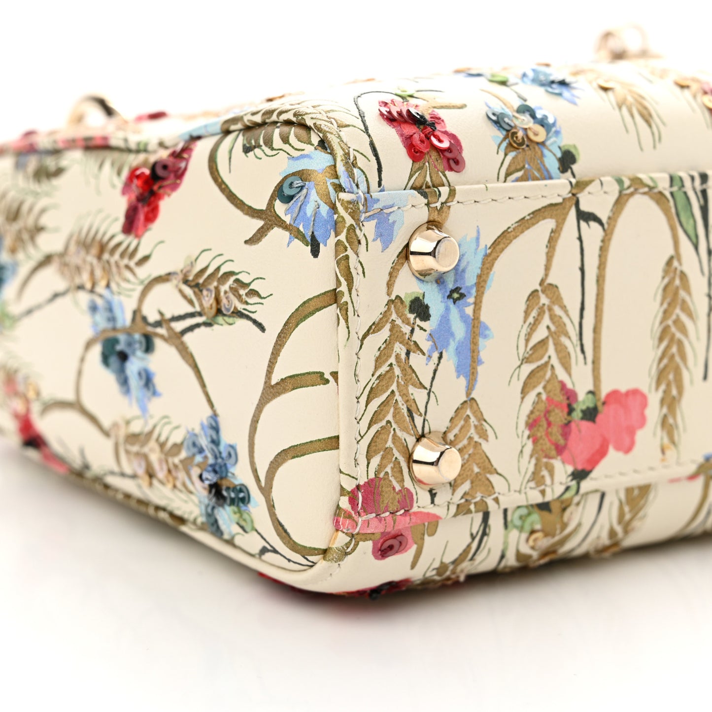 Calfskin Hibiscus Printed Embroidered Mini Lady Dior Beige Multicolor