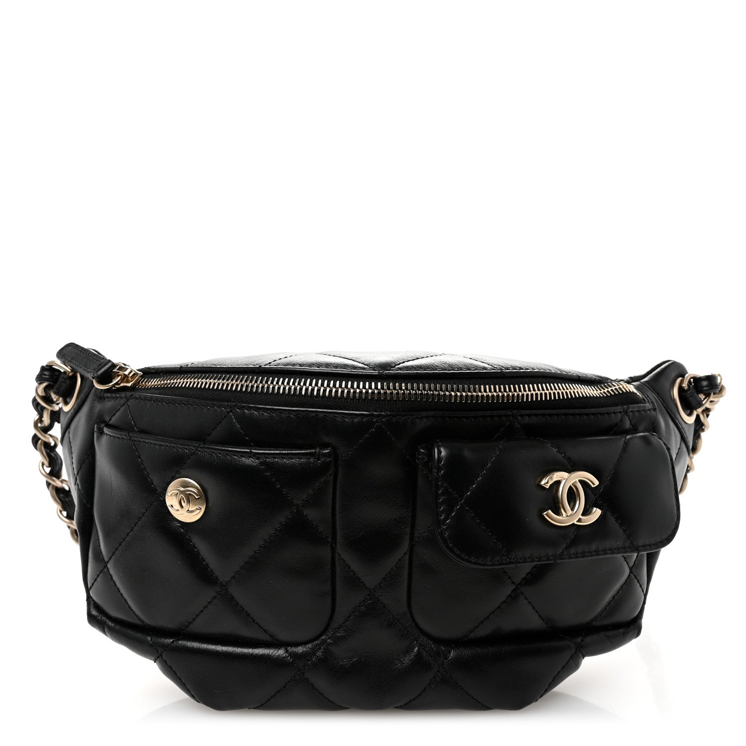 CHANEL キルティング ブラックベルト　シャンパンゴールド Chanel Shiny Aged Calfskin Quilted CC Pockets Jacket Waist Belt