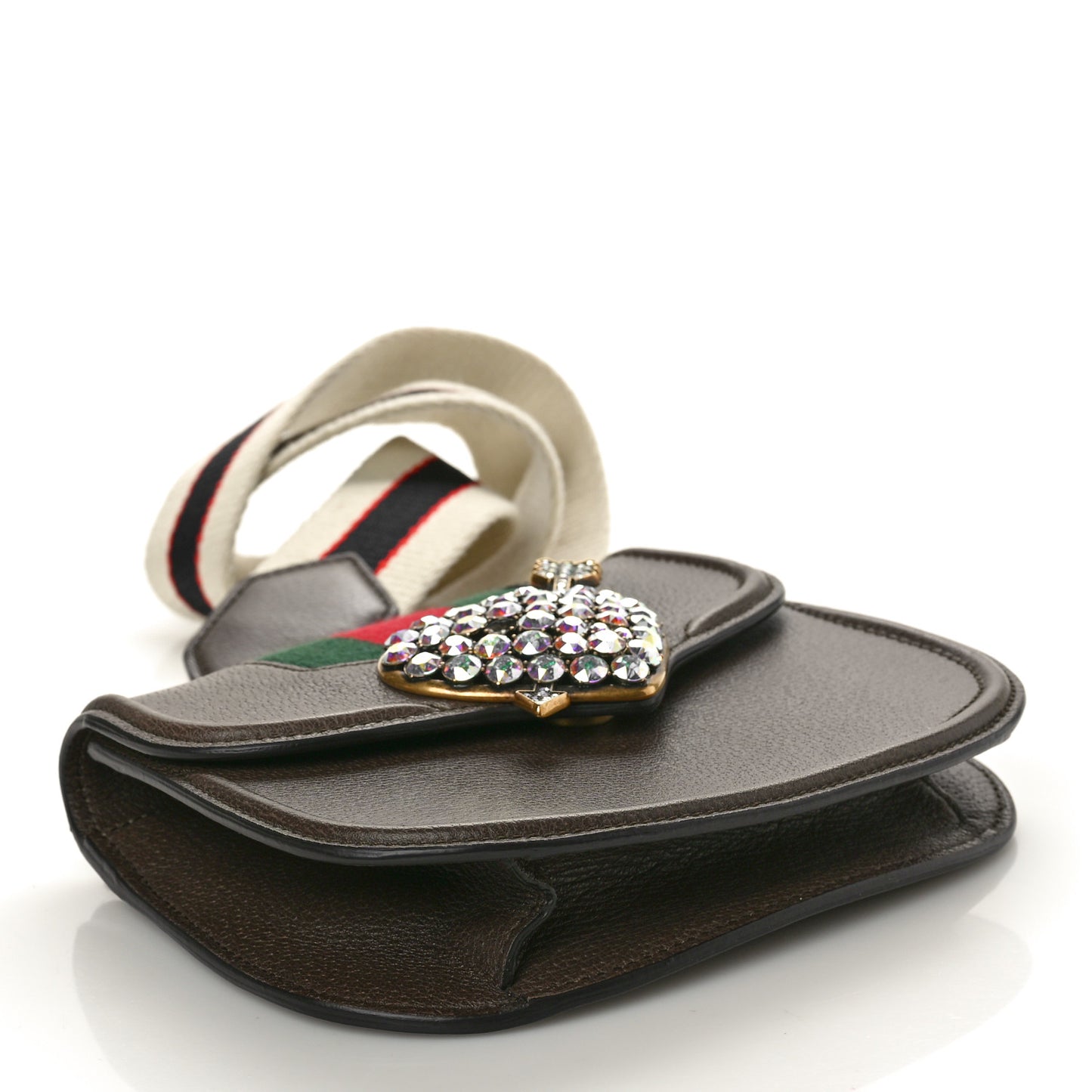 Textured Calfskin Web Crystal Heart Stripe Small Totem Shoulder Bag New Acero