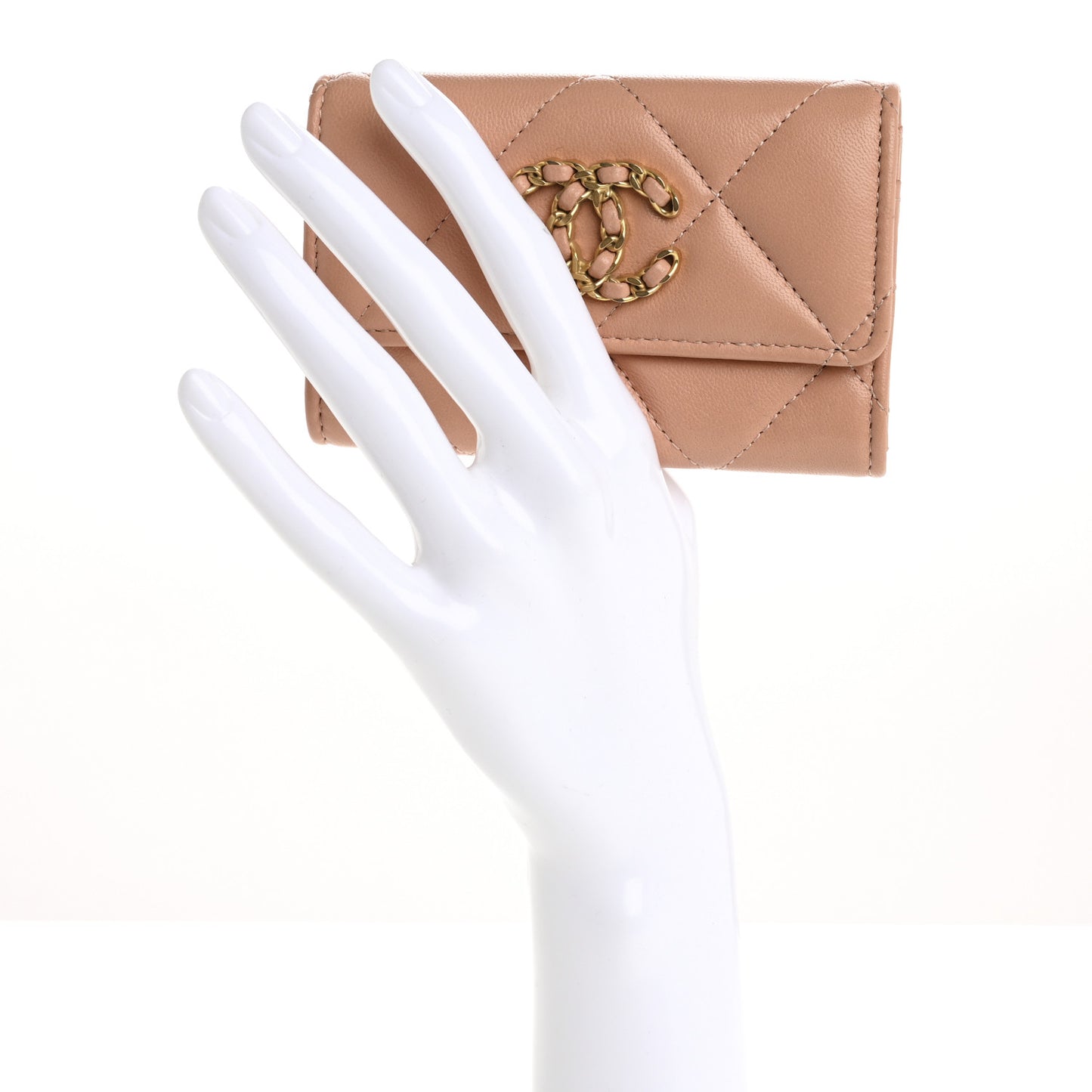 Lambskin Quilted Chanel 19 Flap Card Holder Beige